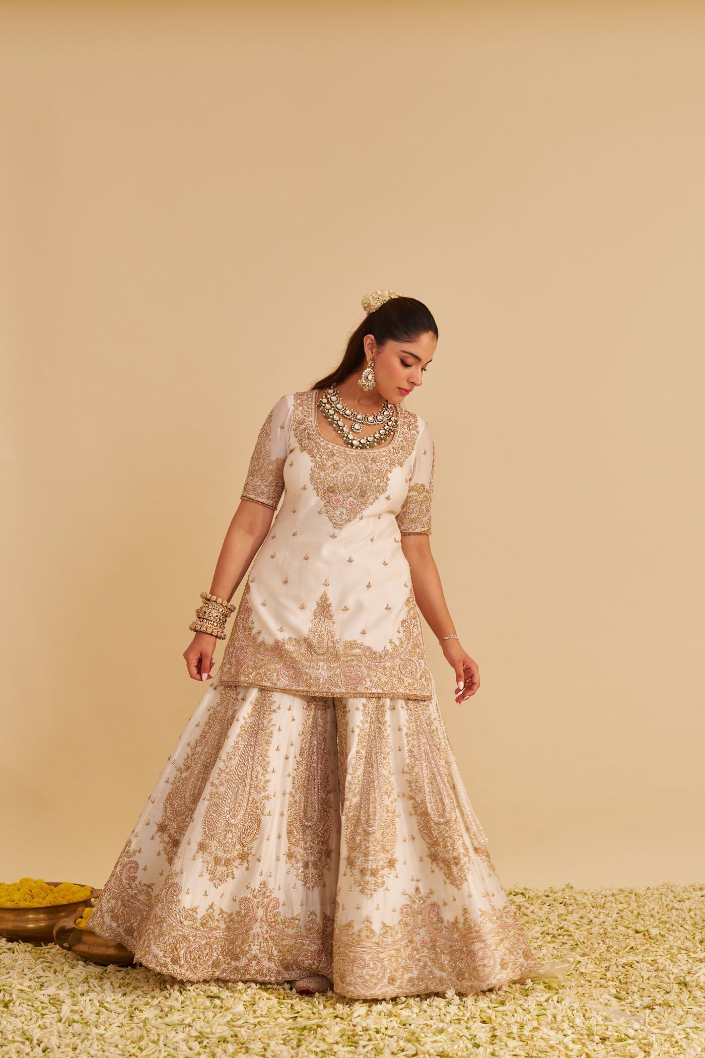 Alina - Dabka Zardozi Embroidered Silk Daisy Ivory Sharara Set