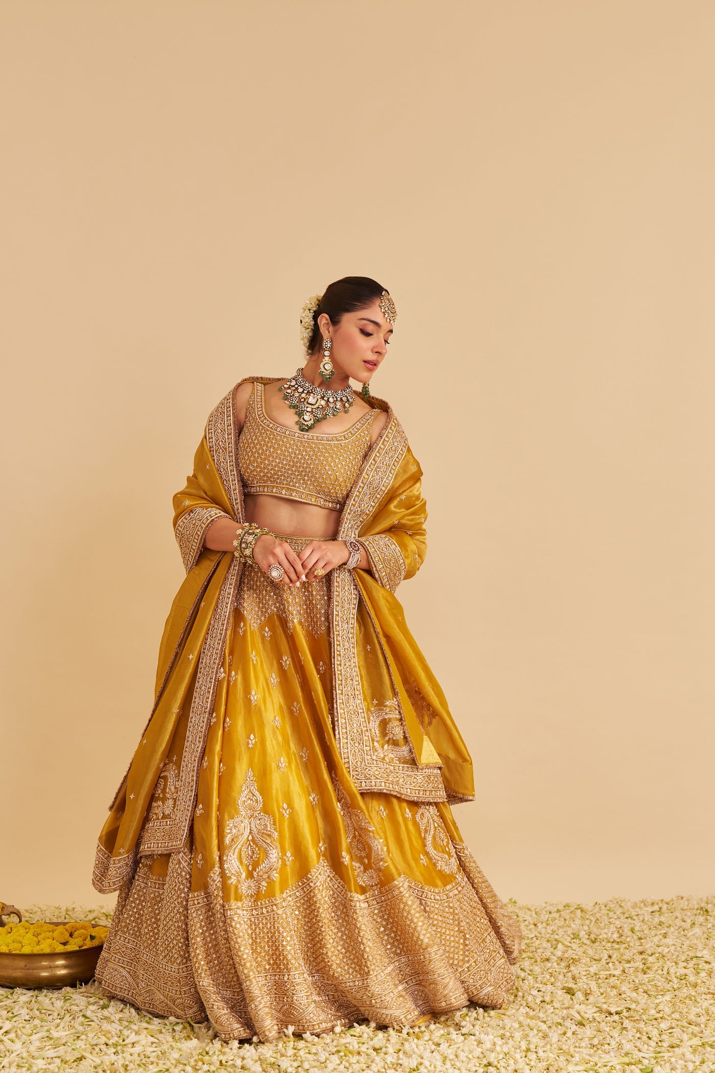 Aashina  - Dabka Zardozi Embroidered Pure Tissue Mustard Lehenga Set