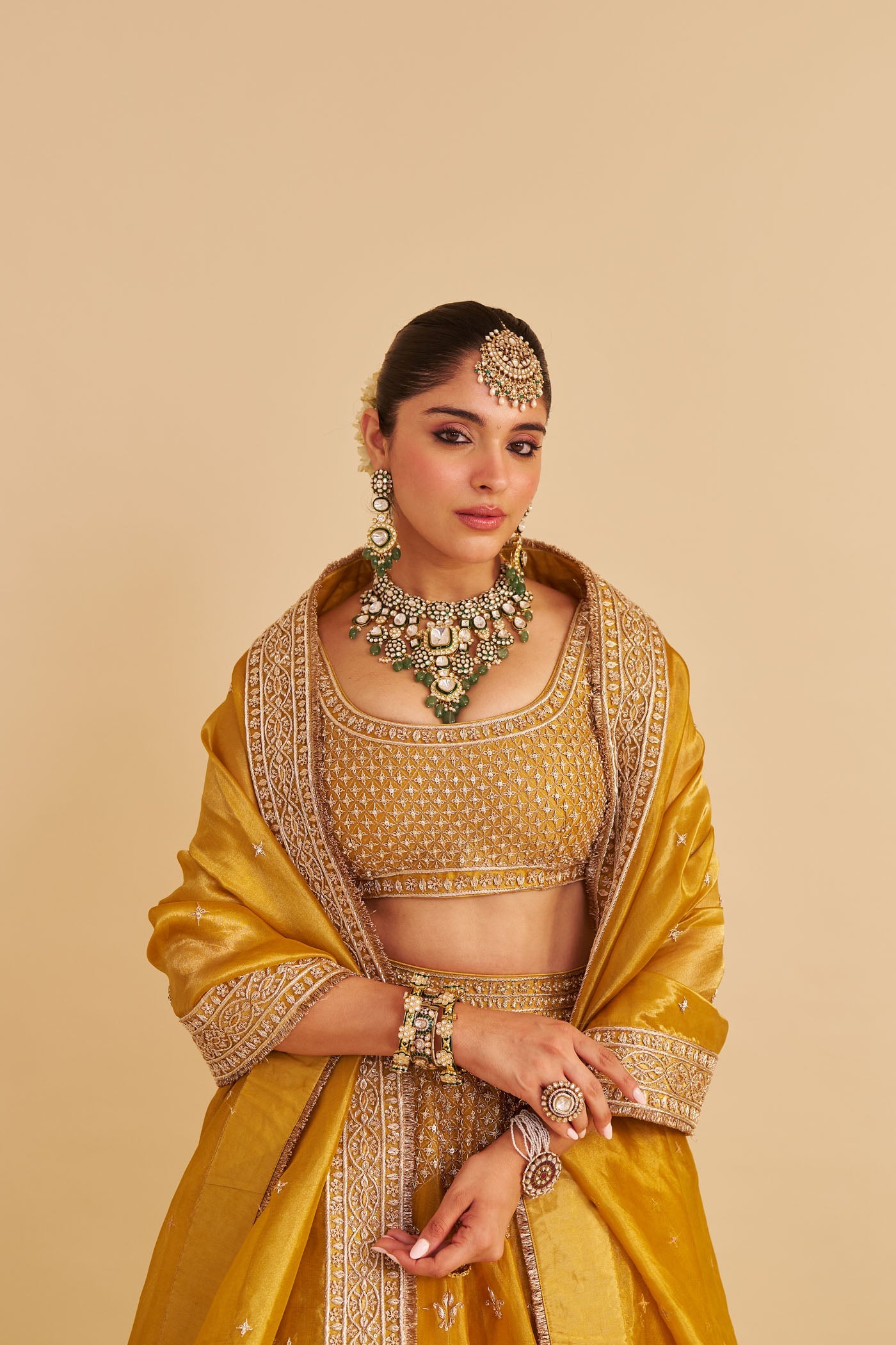 Aashina  - Dabka Zardozi Embroidered Pure Tissue Mustard Lehenga Set