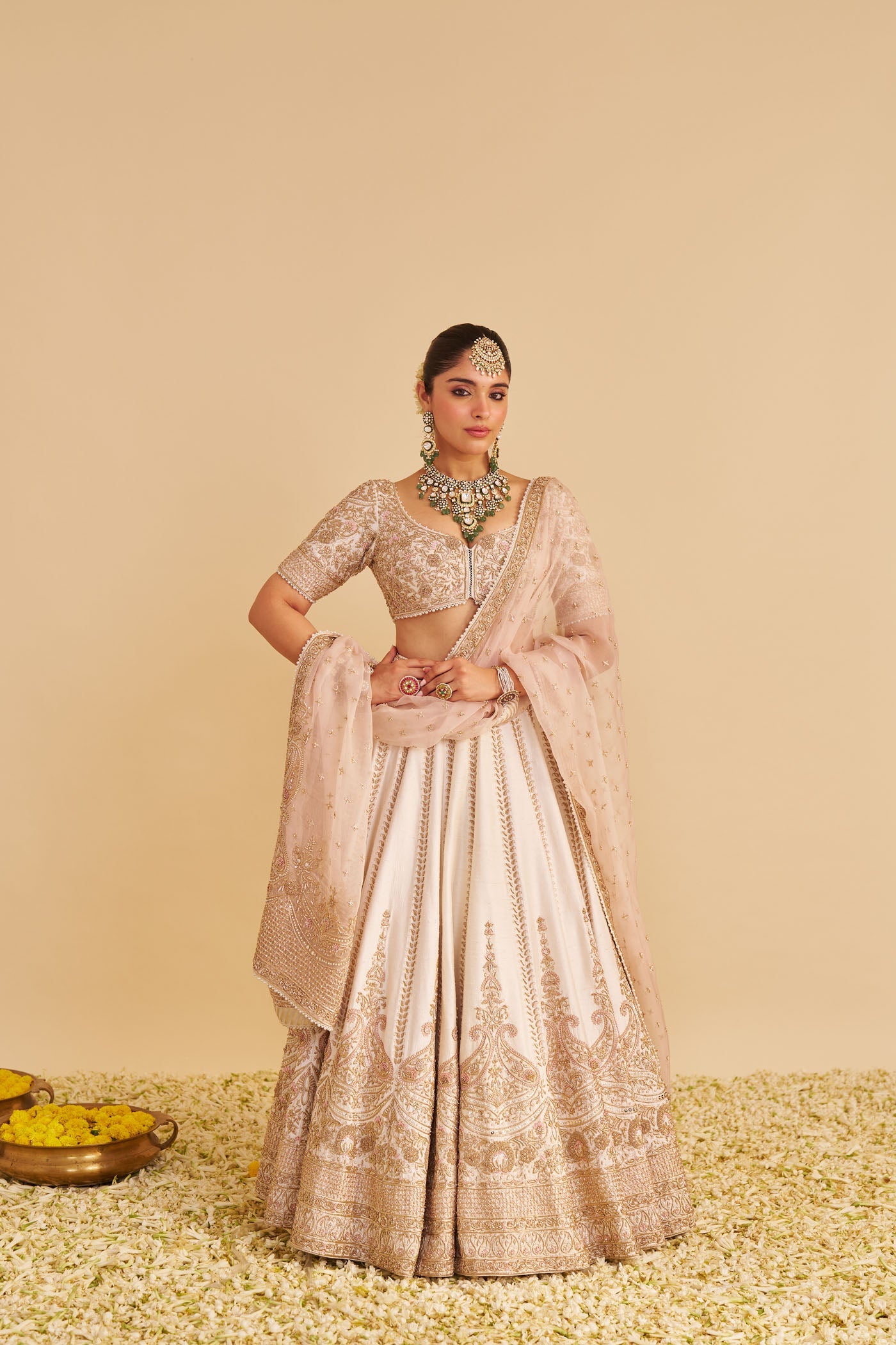 Farah - Dabka Zardozi Embroidered Pure Silk Daisy Ivory Lehenga Set