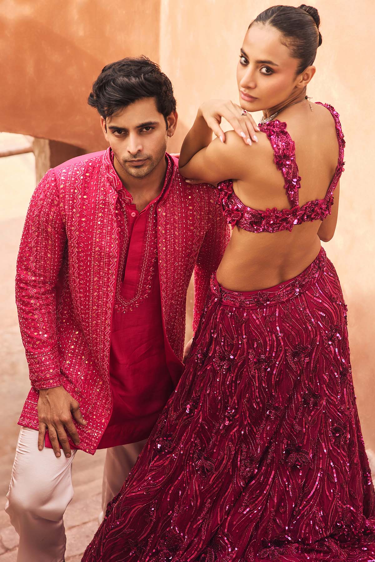 Fuschia Pink 3-D Embellished Lehenga Set