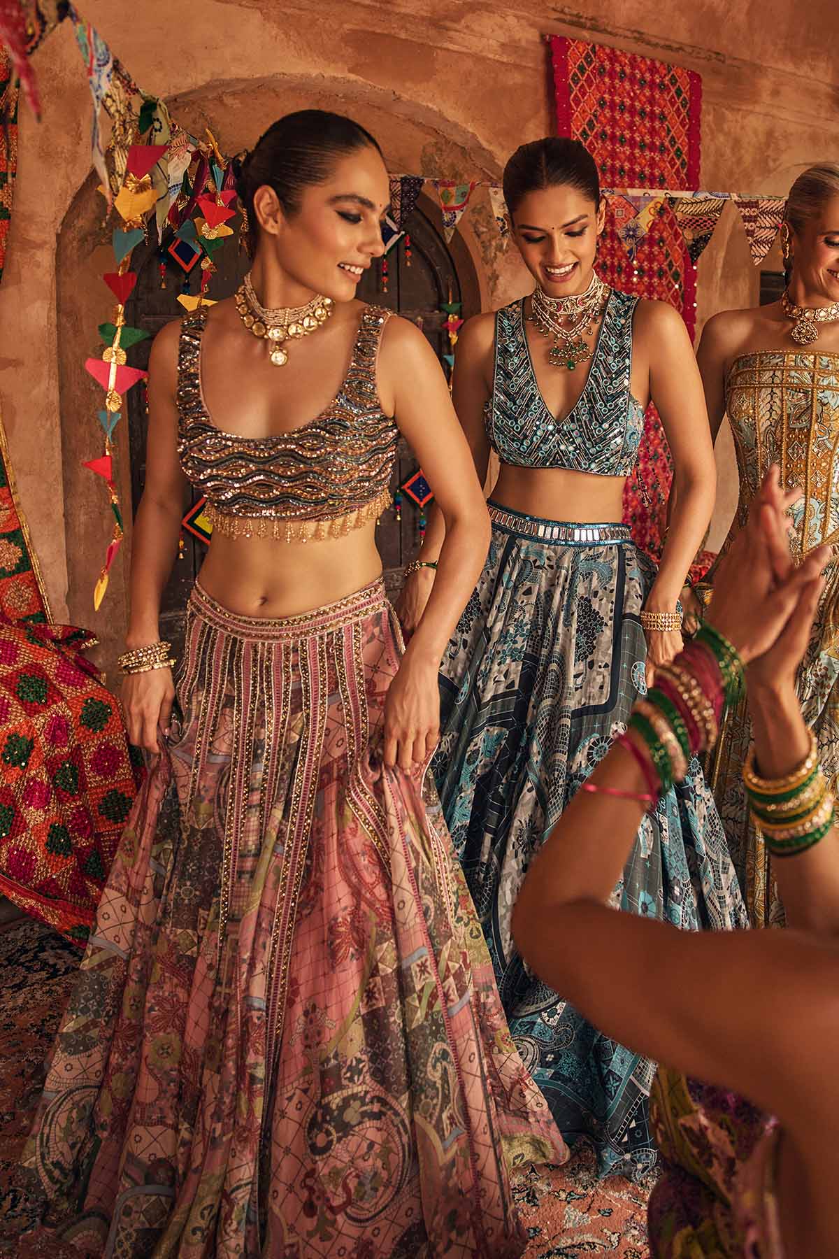 Teal & Black Embroidered Blouse With Printed Lehenga & Dupatta Set