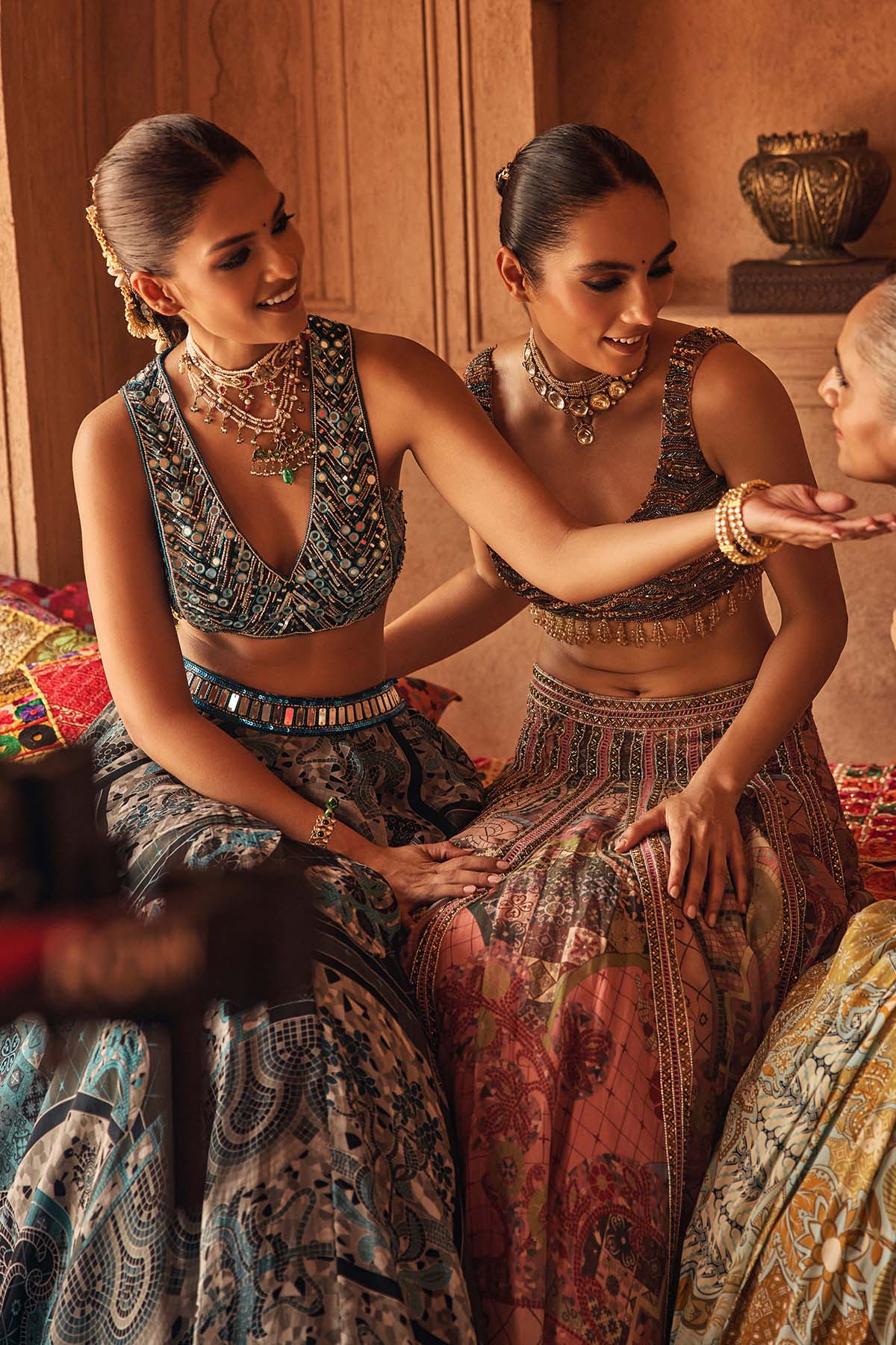 Teal & Black Embroidered Blouse With Printed Lehenga & Dupatta Set