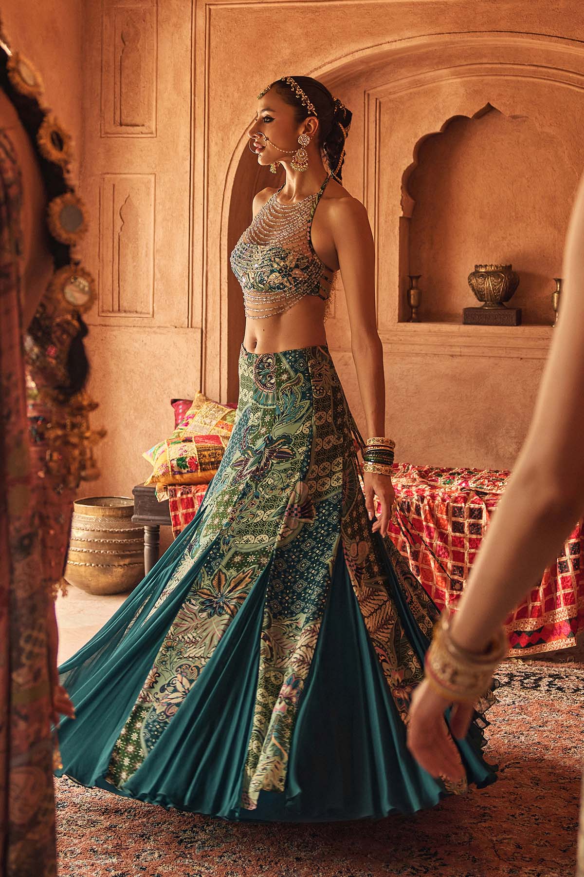 Jeweled Green Halter Blouse With Flared Godet Skirt Set