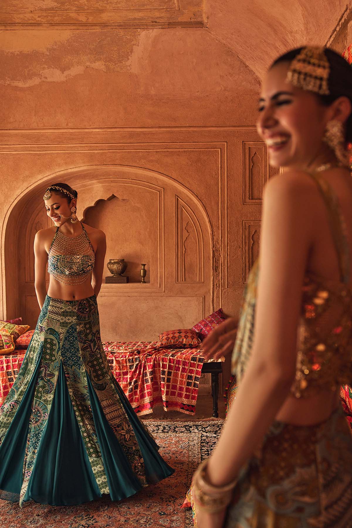 Jeweled Green Halter Blouse With Flared Godet Skirt Set
