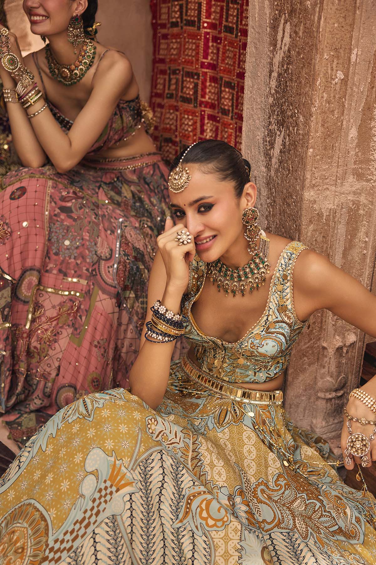 Yellow Floral Corset With Tassel Lehenga & Printed Dupatta Set