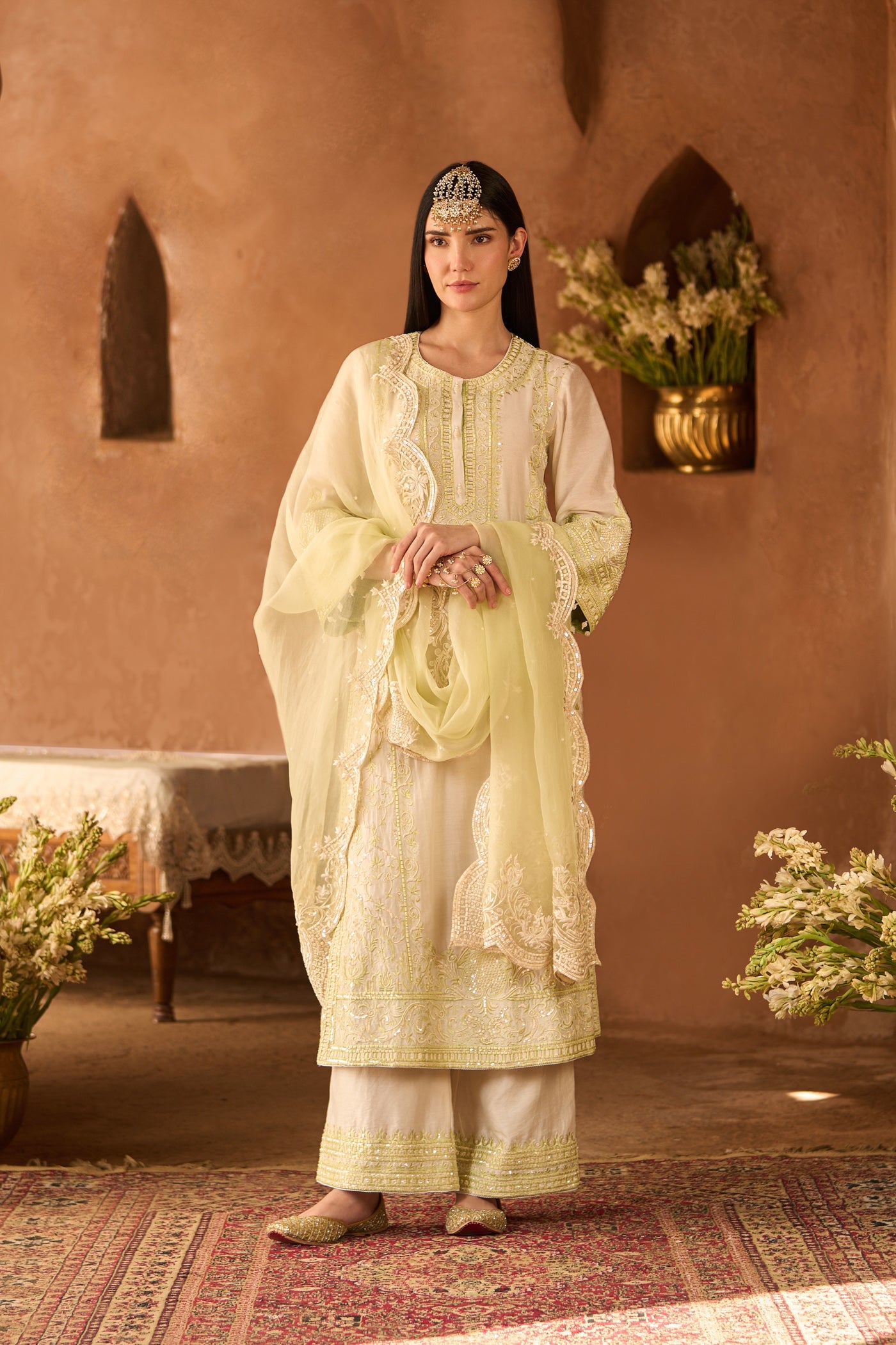 ENA - DAISY IVORY WITH MINT GREEN LONG A-LINE KURTA WITH PALAZZO AND DUPATTA