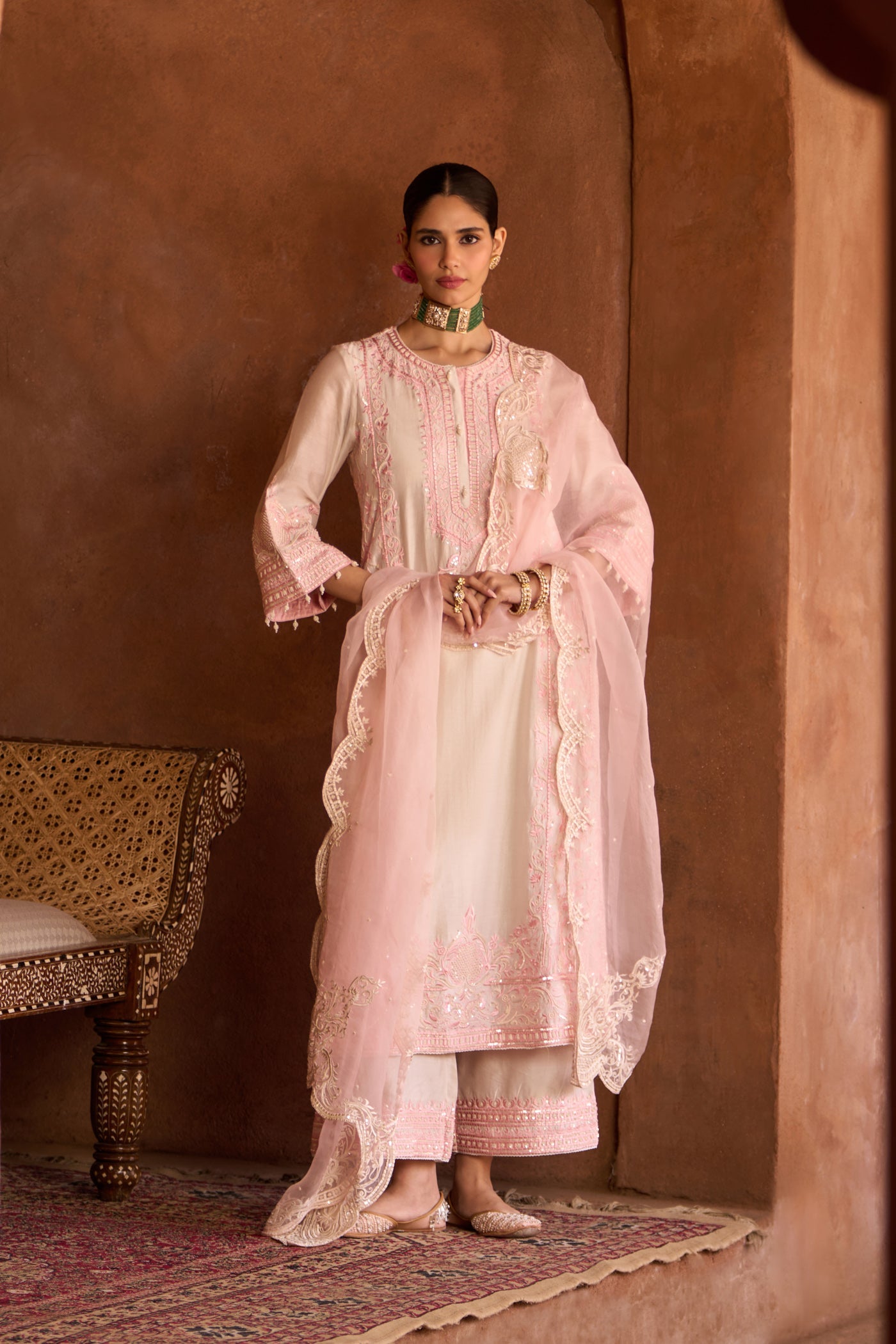 ENA - DAISY IVORY WITH PINK LONG A-LINE KURTA WITH PALAZZO AND DUPATTA