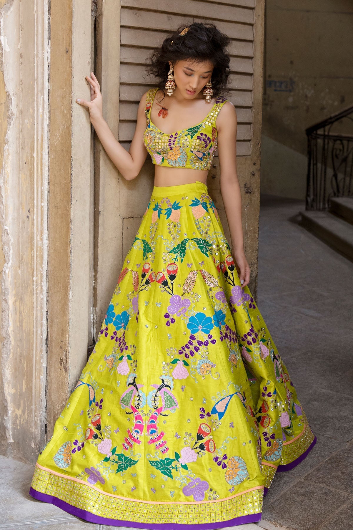 Limerazzo - Lime Raw Silk Lehenga Set
