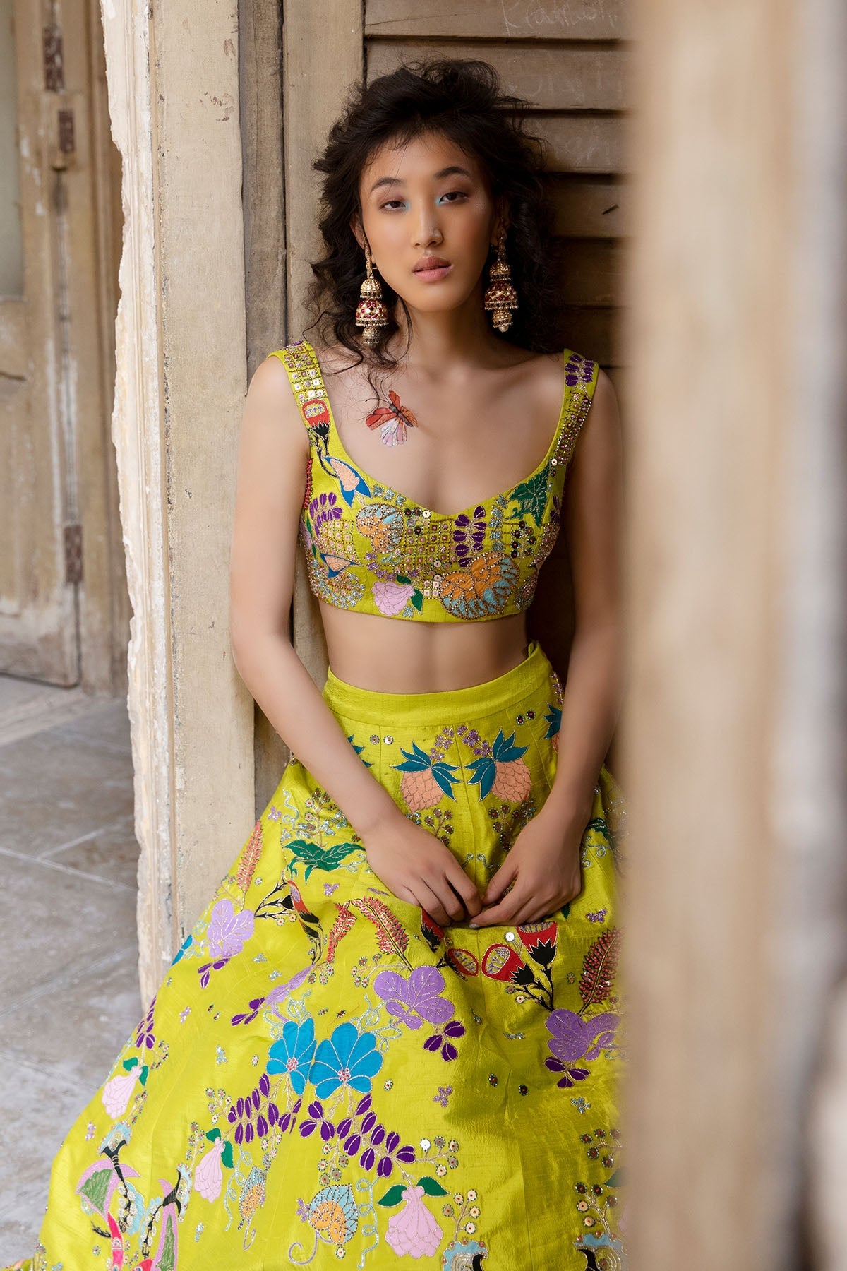 Limerazzo - Lime Raw Silk Lehenga Set