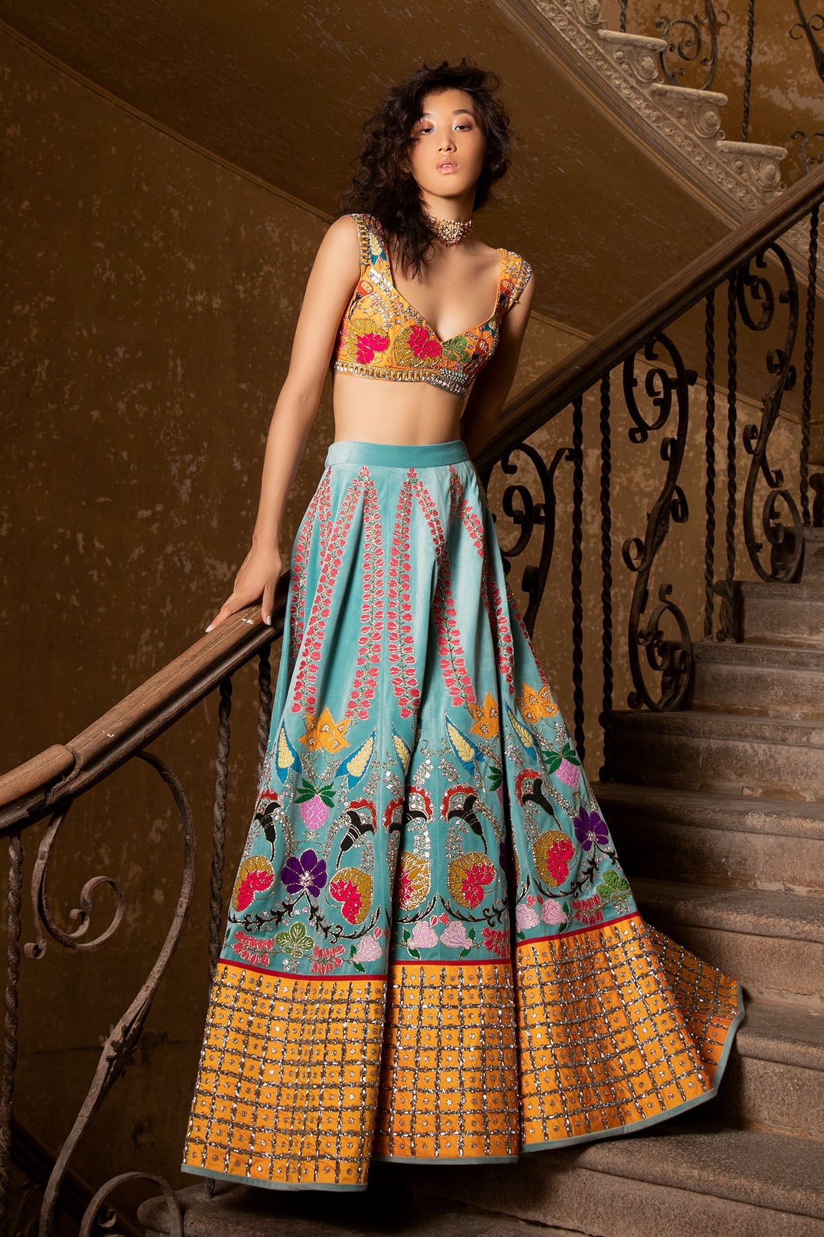 Tazzora Scuba - Blue Amber Yellow Velvet Lehenga Set