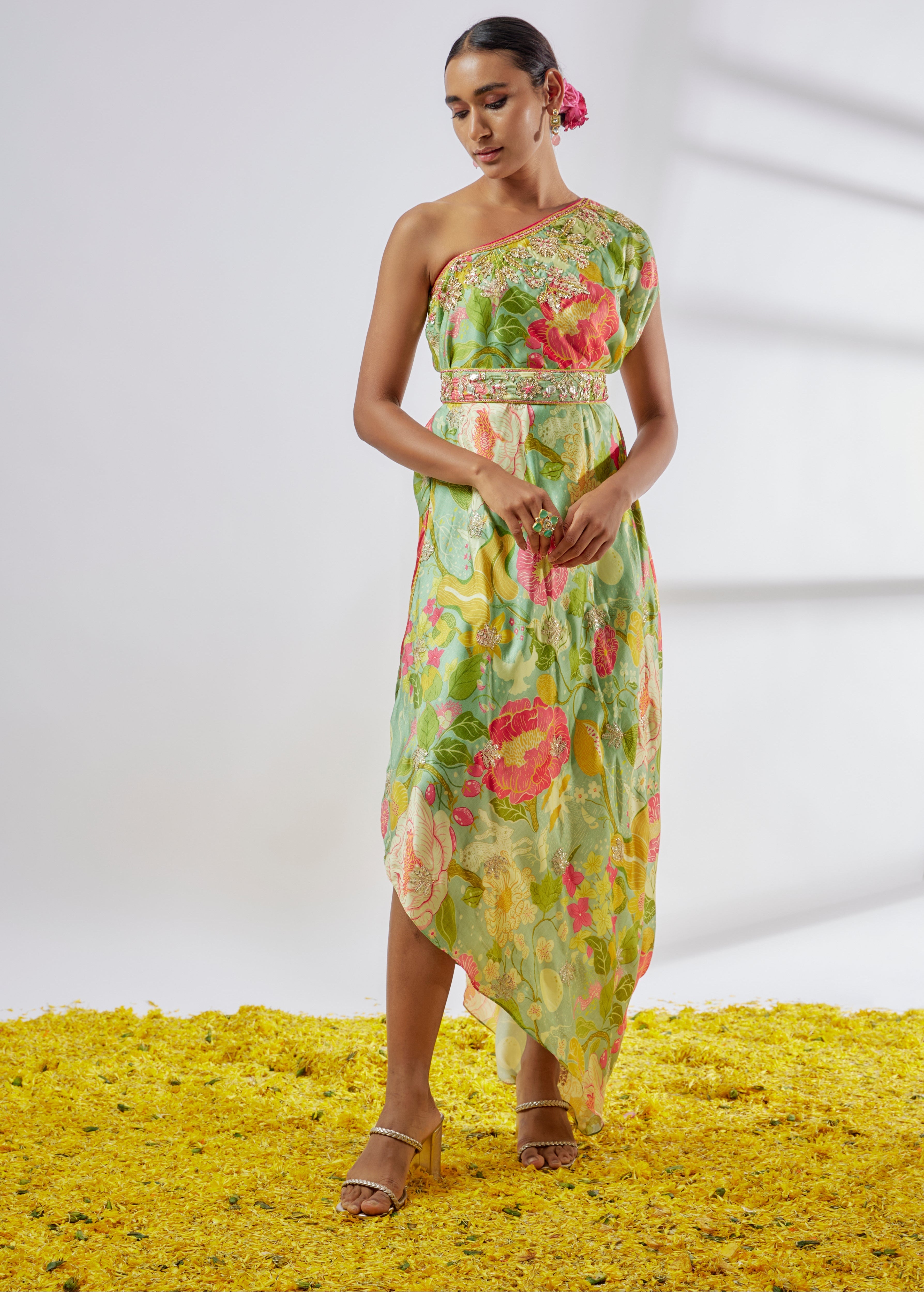 Eli one-shoulder dress with belt