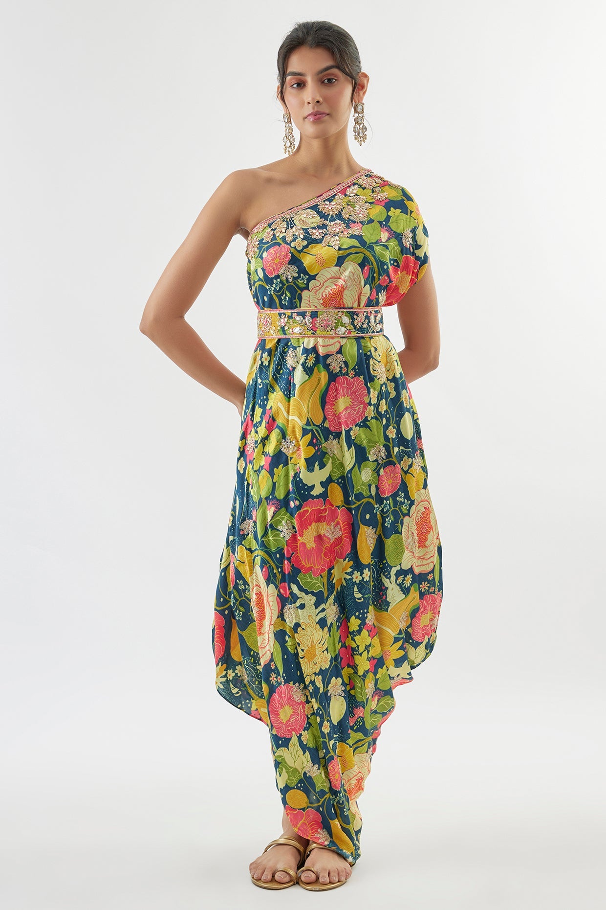 Eli one-shoulder dress with belt