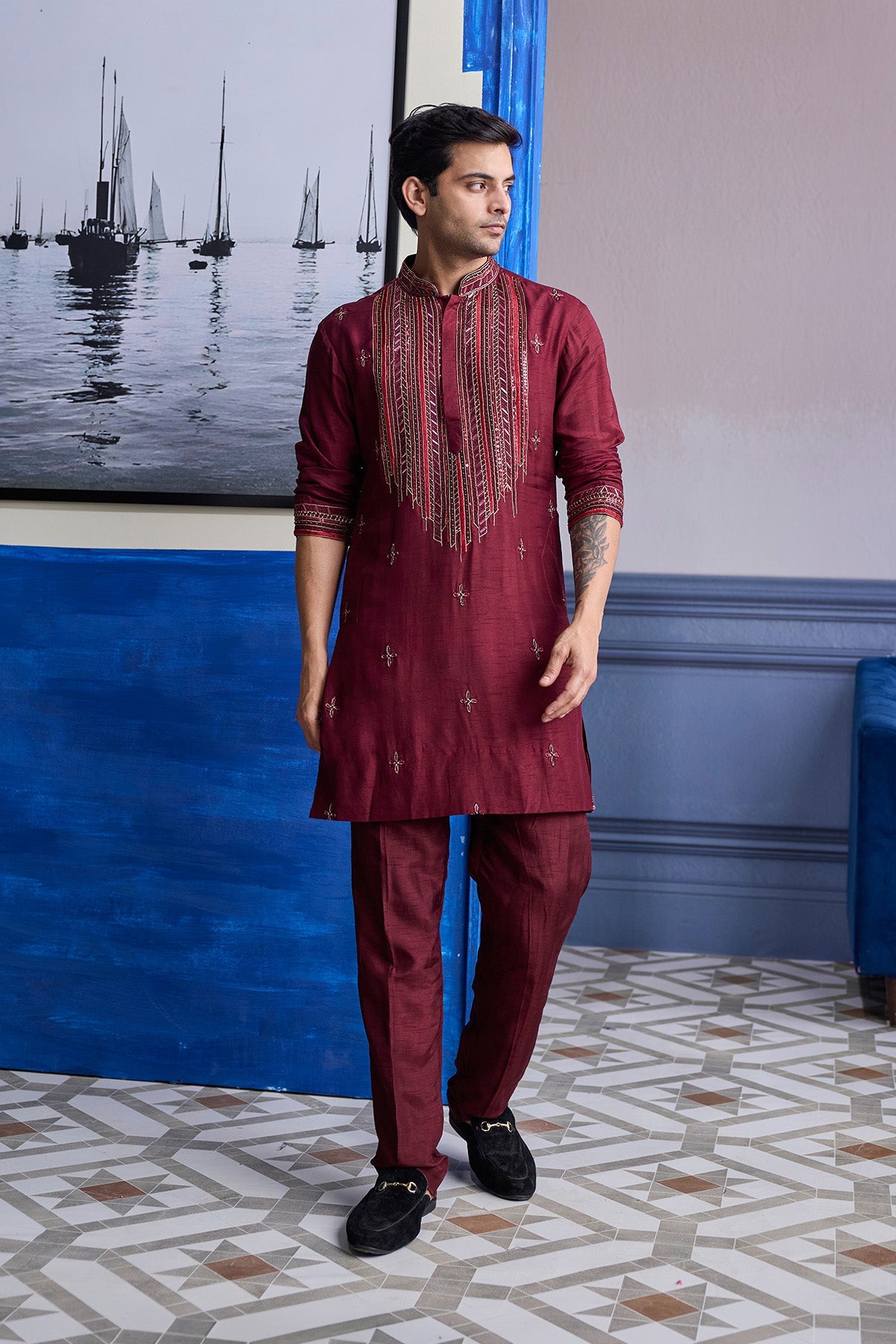 Maroon Emboidered Kurta With Pants