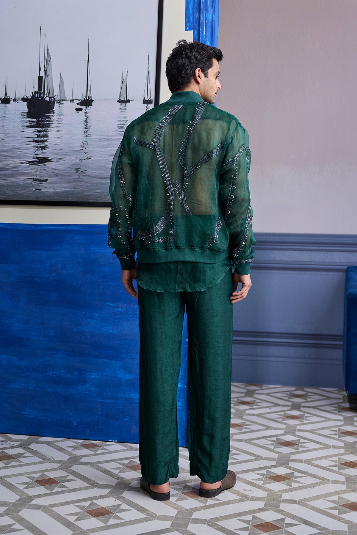 Drak Green Organza Kurta With Embroidered Organza Bomber Jacket Paired With Solid Pants