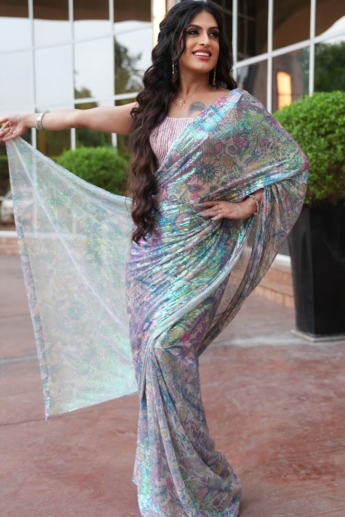Gleamora - Multicolour Sequin Tulle Pre-Drapped Saree Set