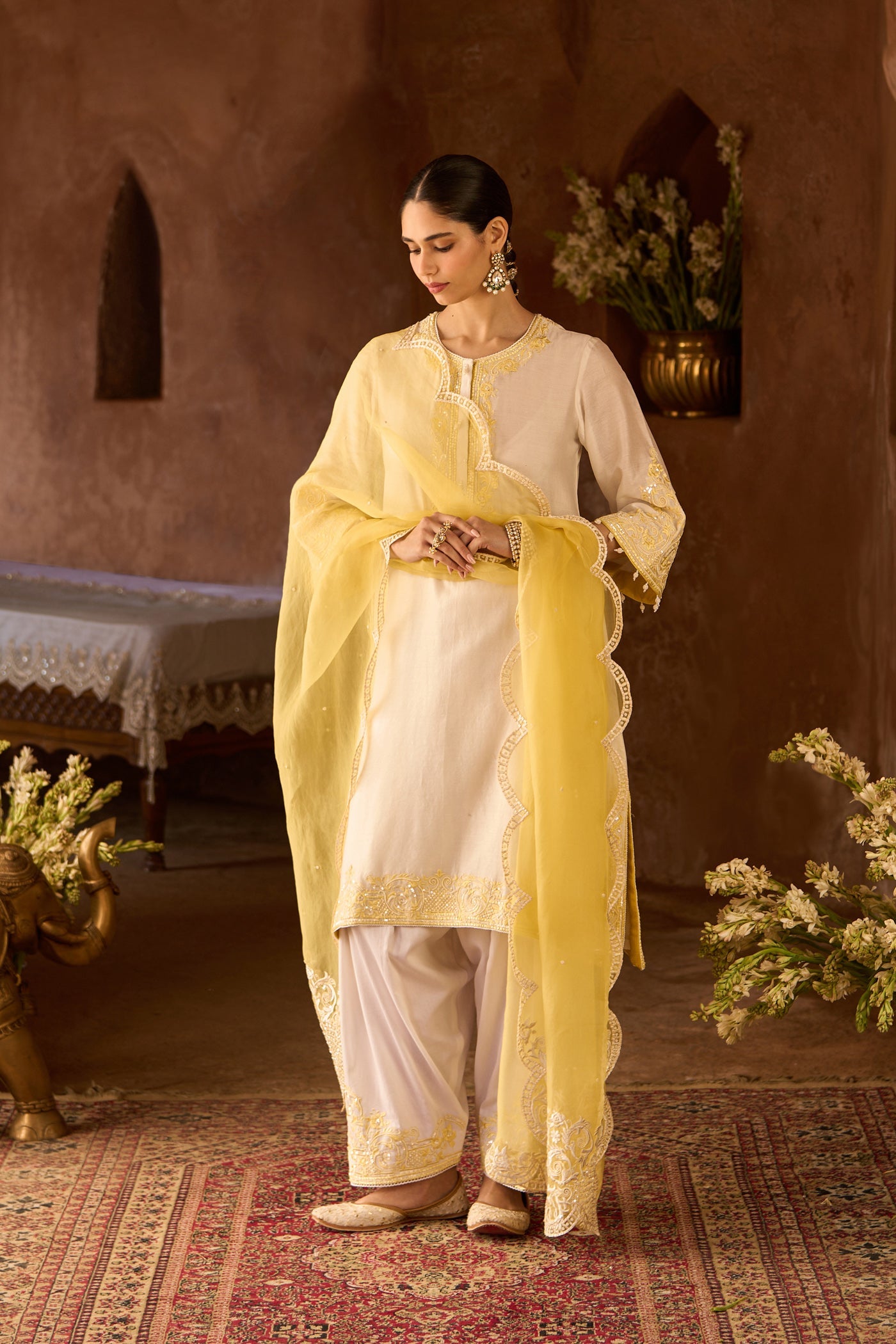 HANI - DAISY IVORY WITH LEMON YELLOW A-LINE KURTA WITH SALWAR AND DUPATTA