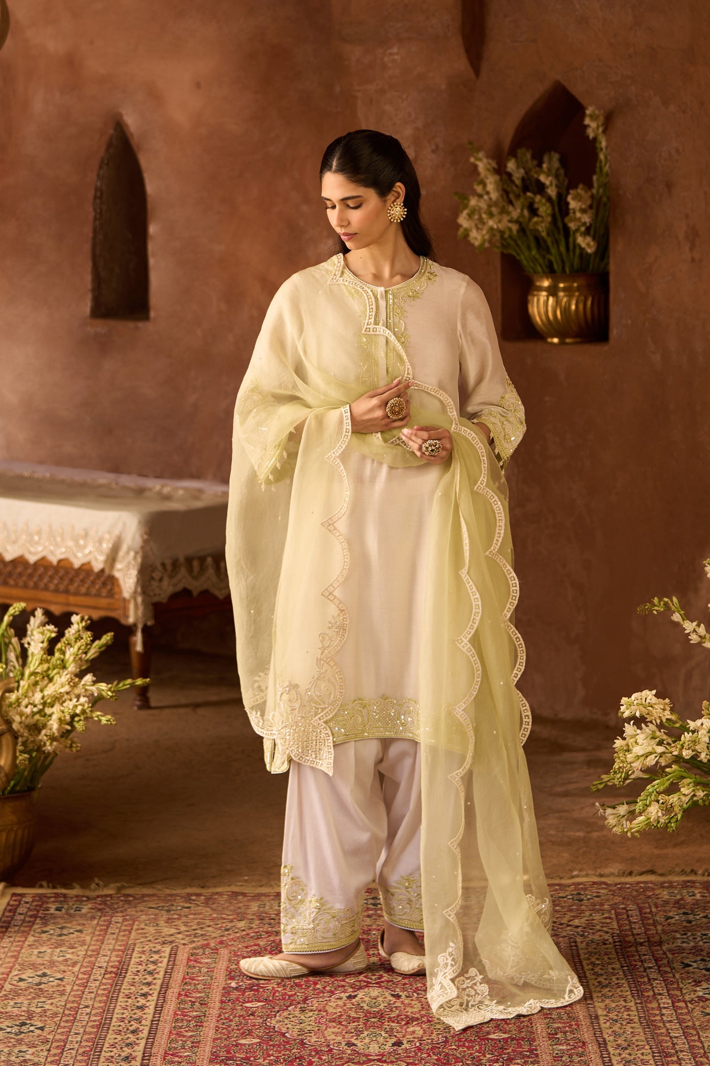 HANI - DAISY IVORY WITH MINT GREEN A-LINE KURTA WITH SALWAR AND DUPATTA