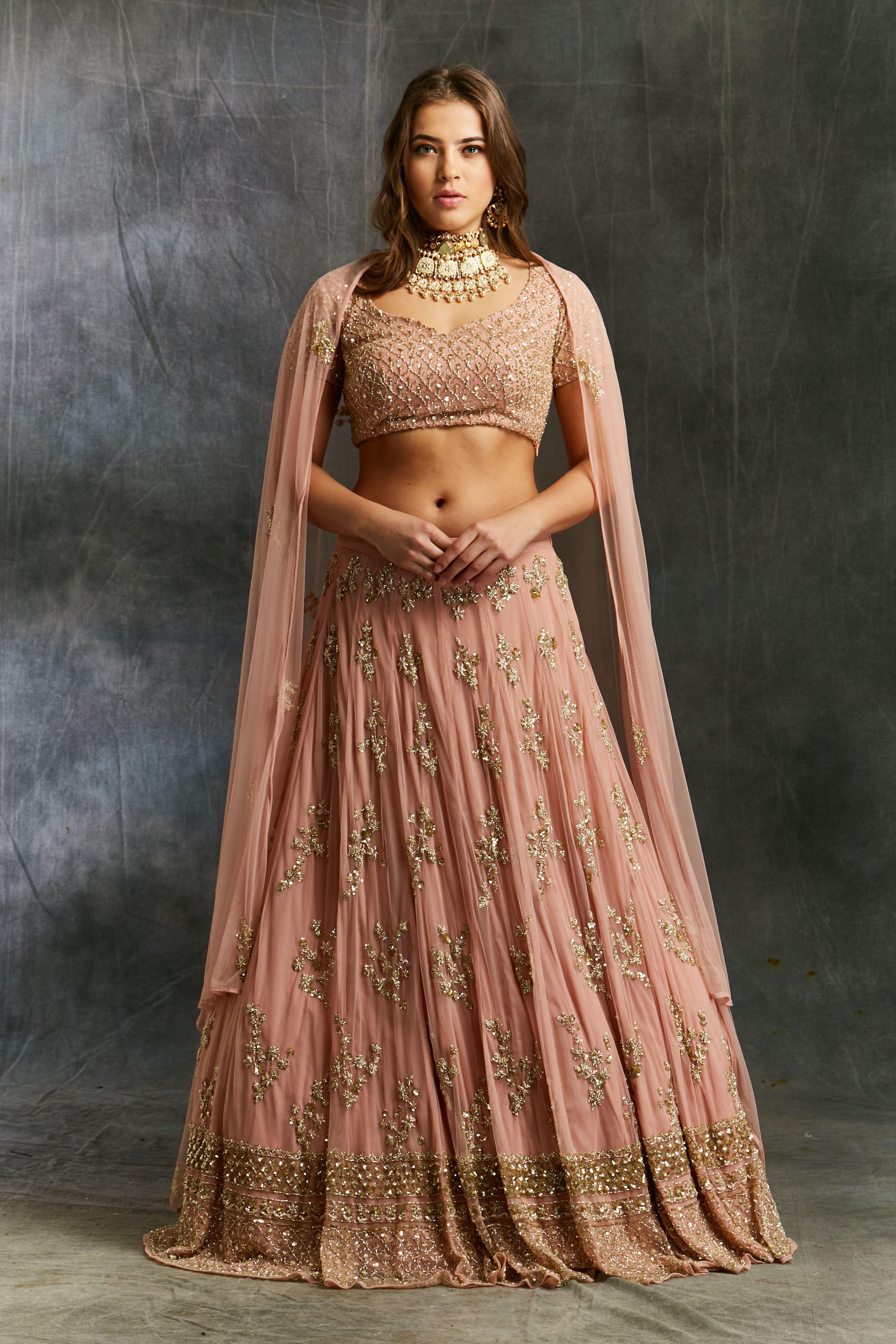 Dusty Pink With Gold Work Lehenga Set