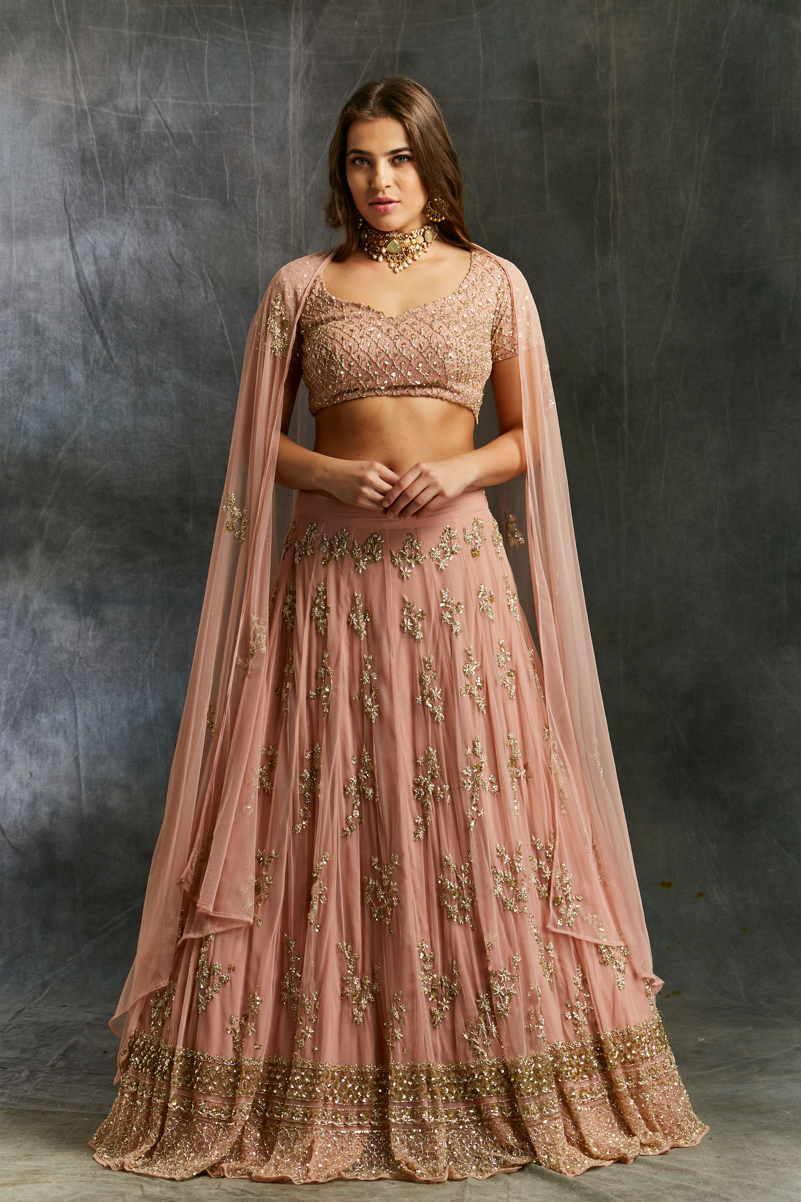 Dusty Pink With Gold Work Lehenga Set