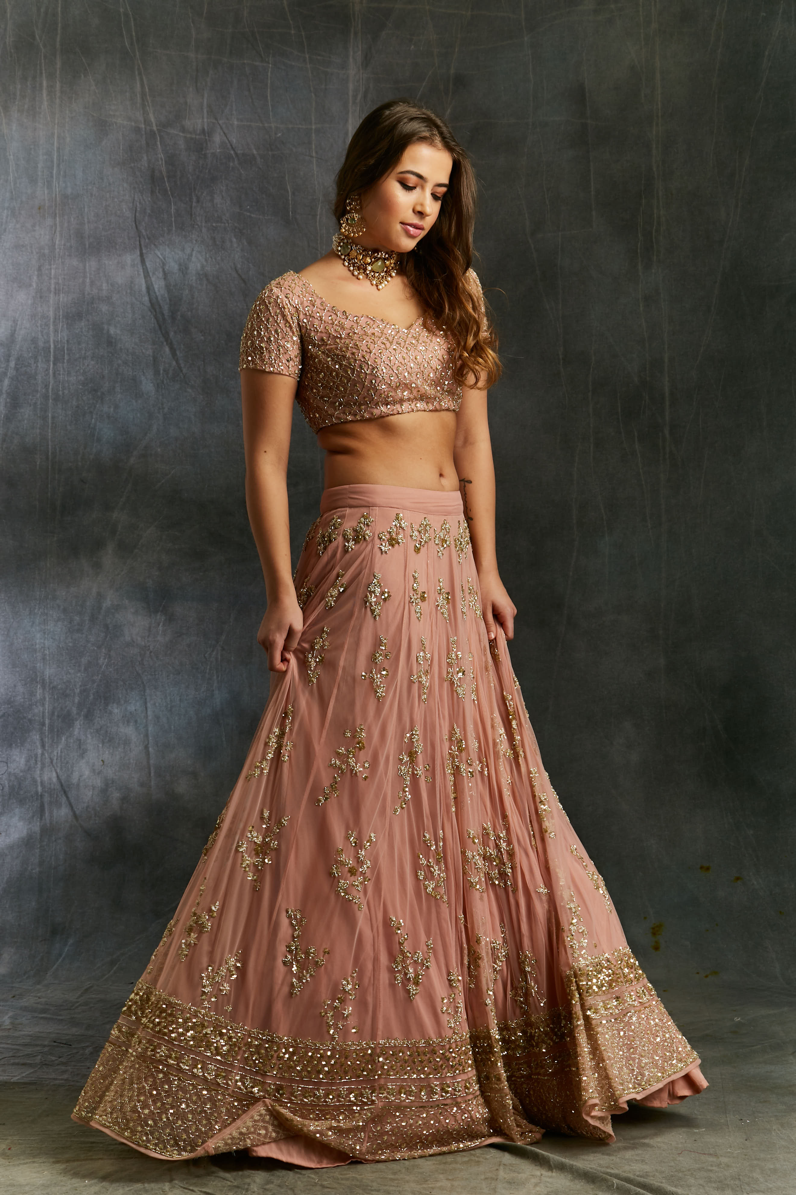 Dusty Pink With Gold Work Lehenga Set