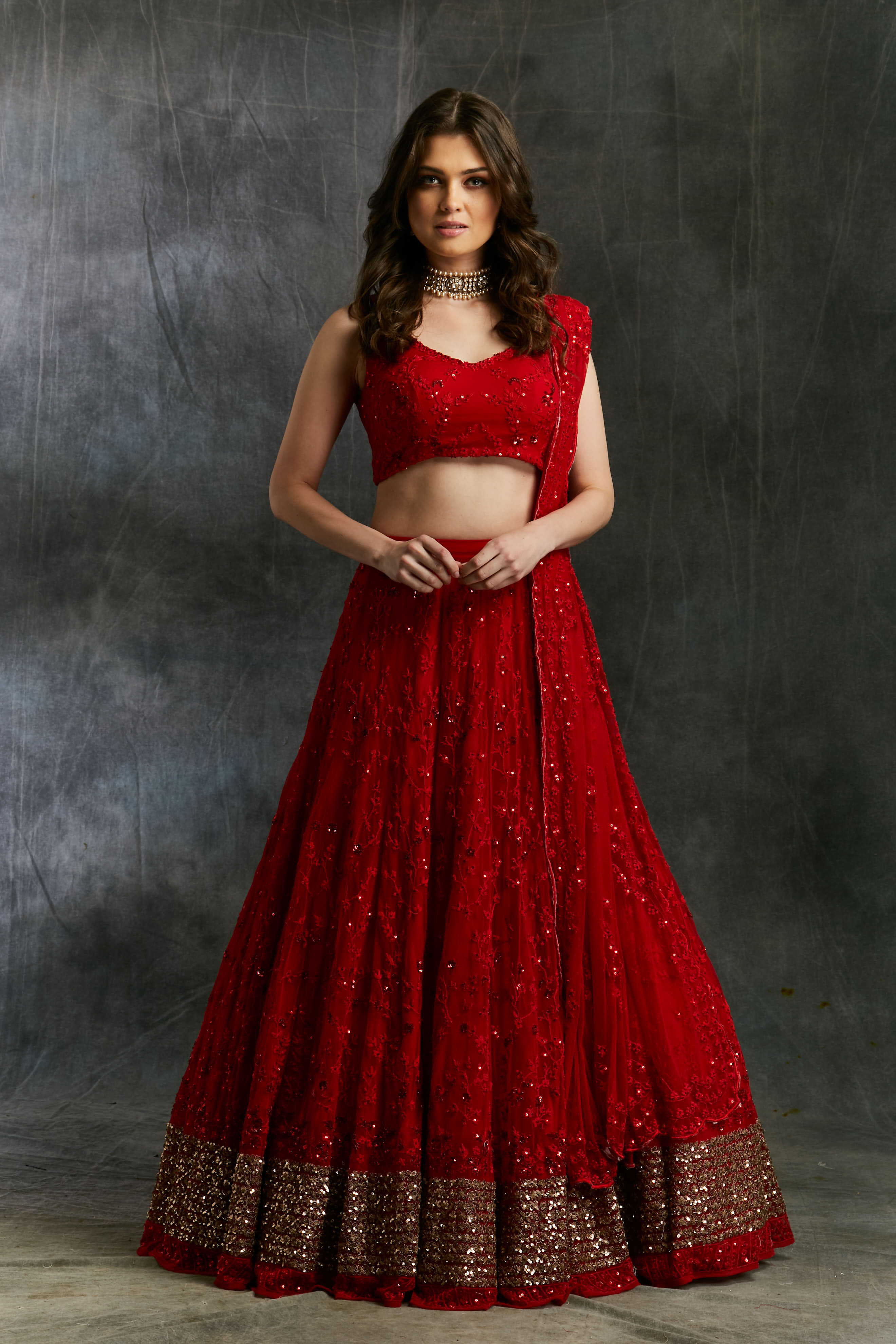 Red Sequins Lehenga With Gold Border
