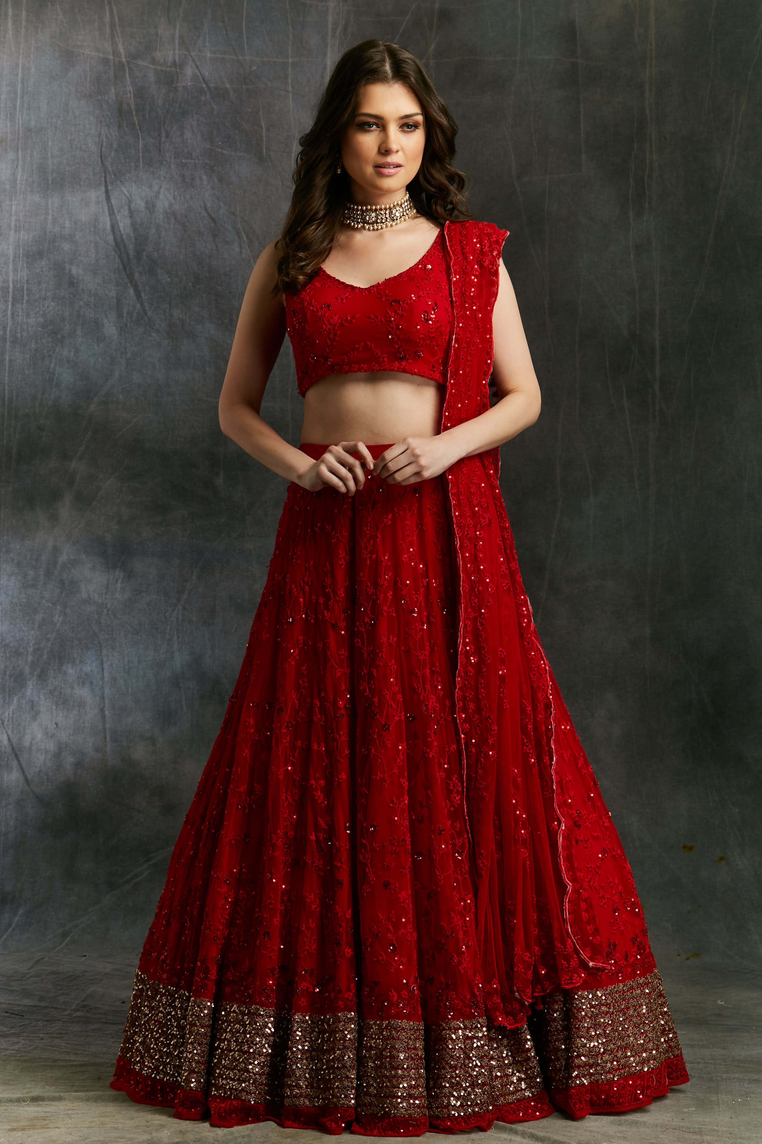 Red Sequins Lehenga With Gold Border