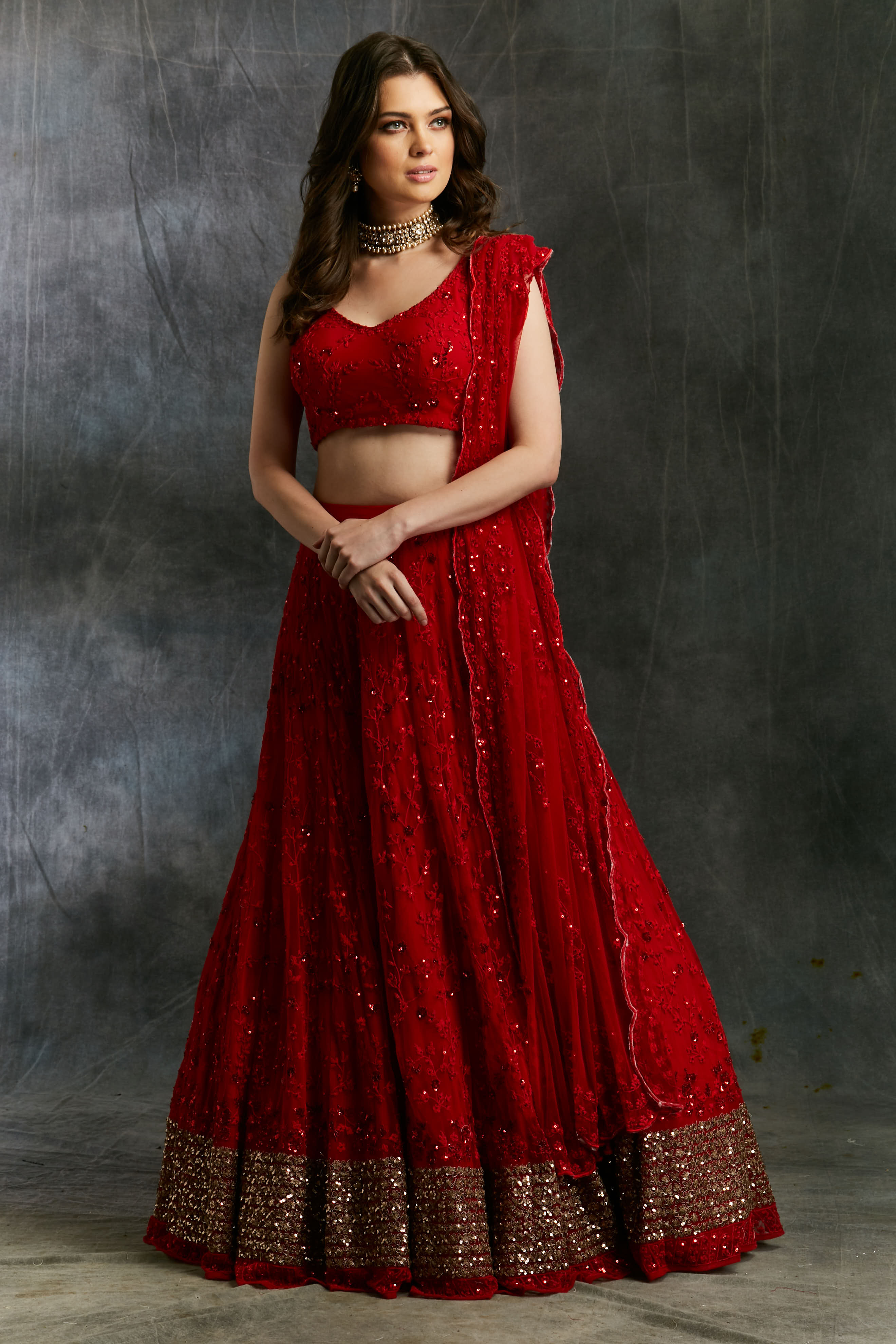 Red Sequins Lehenga With Gold Border
