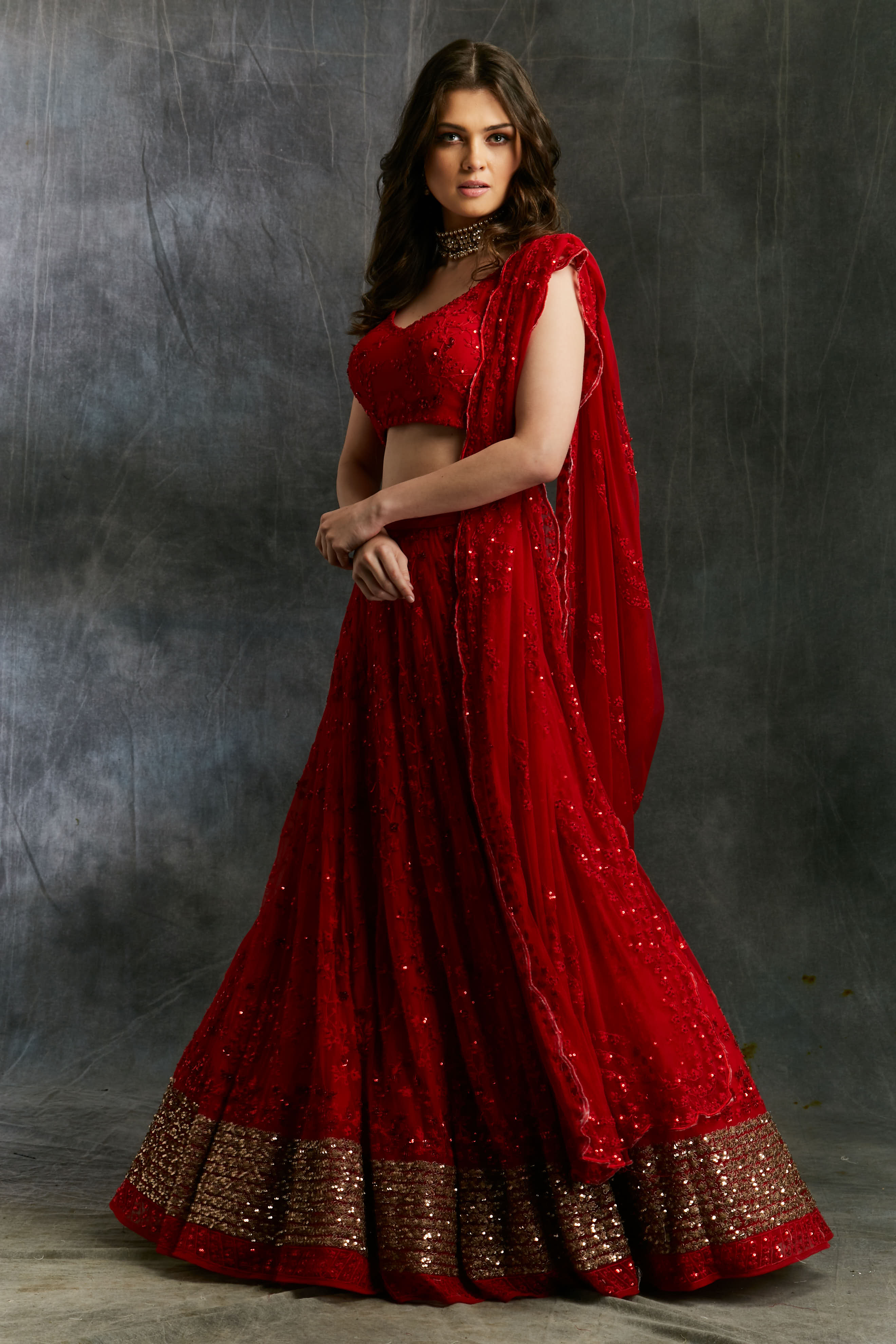 Red Sequins Lehenga With Gold Border