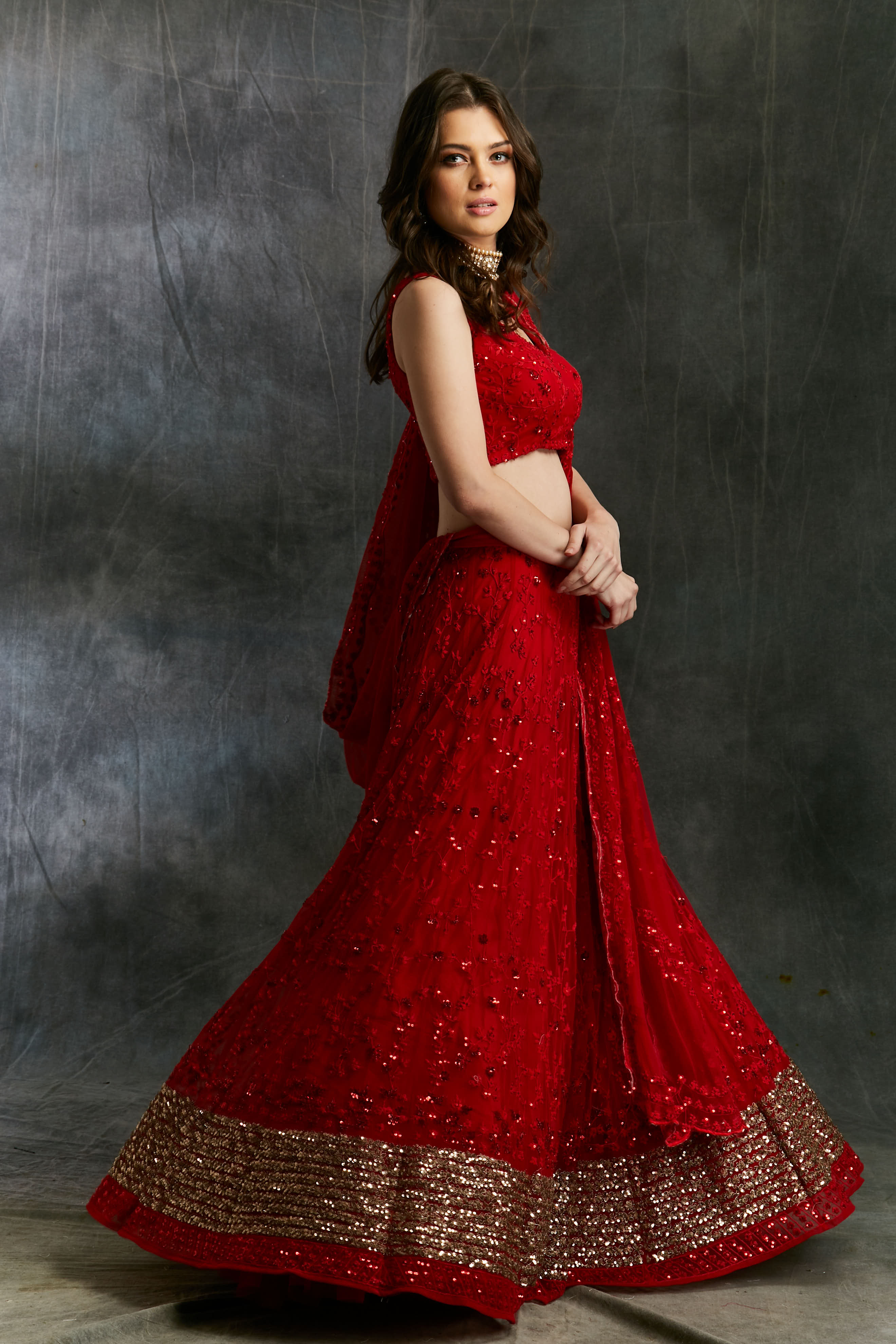 Red Sequins Lehenga With Gold Border