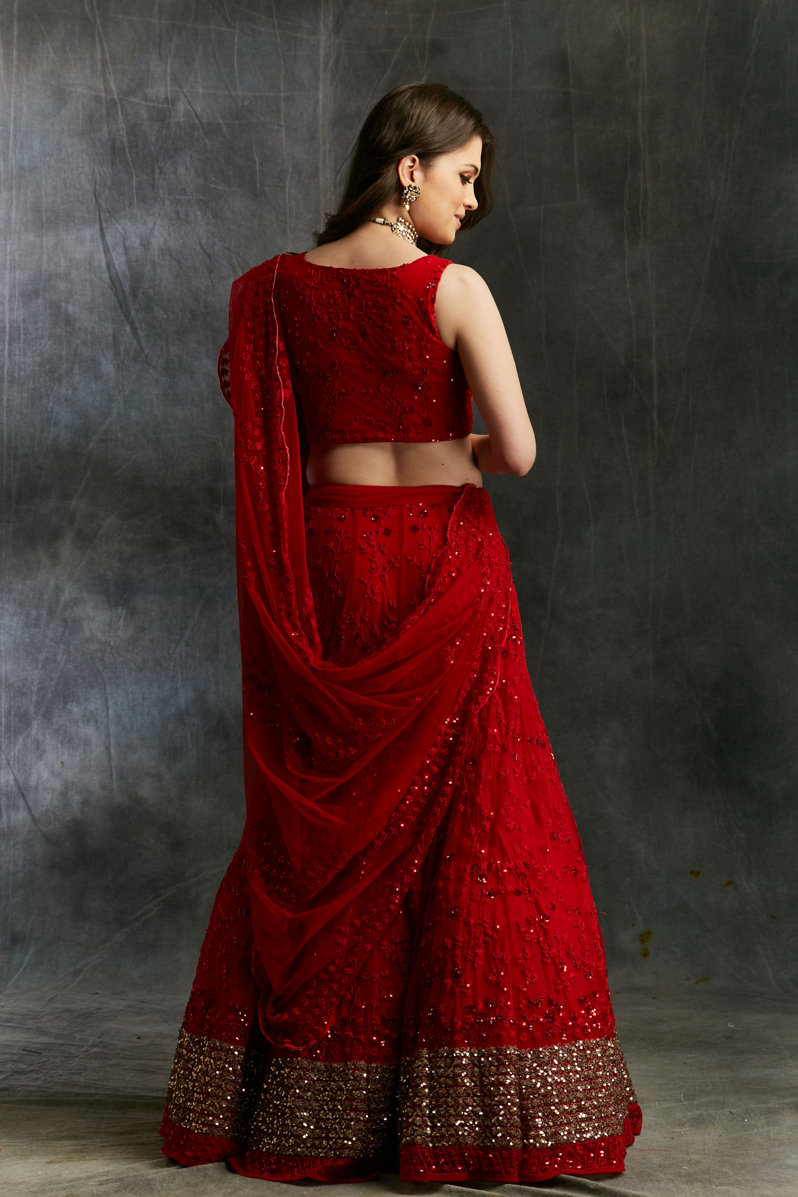 Red Sequins Lehenga With Gold Border