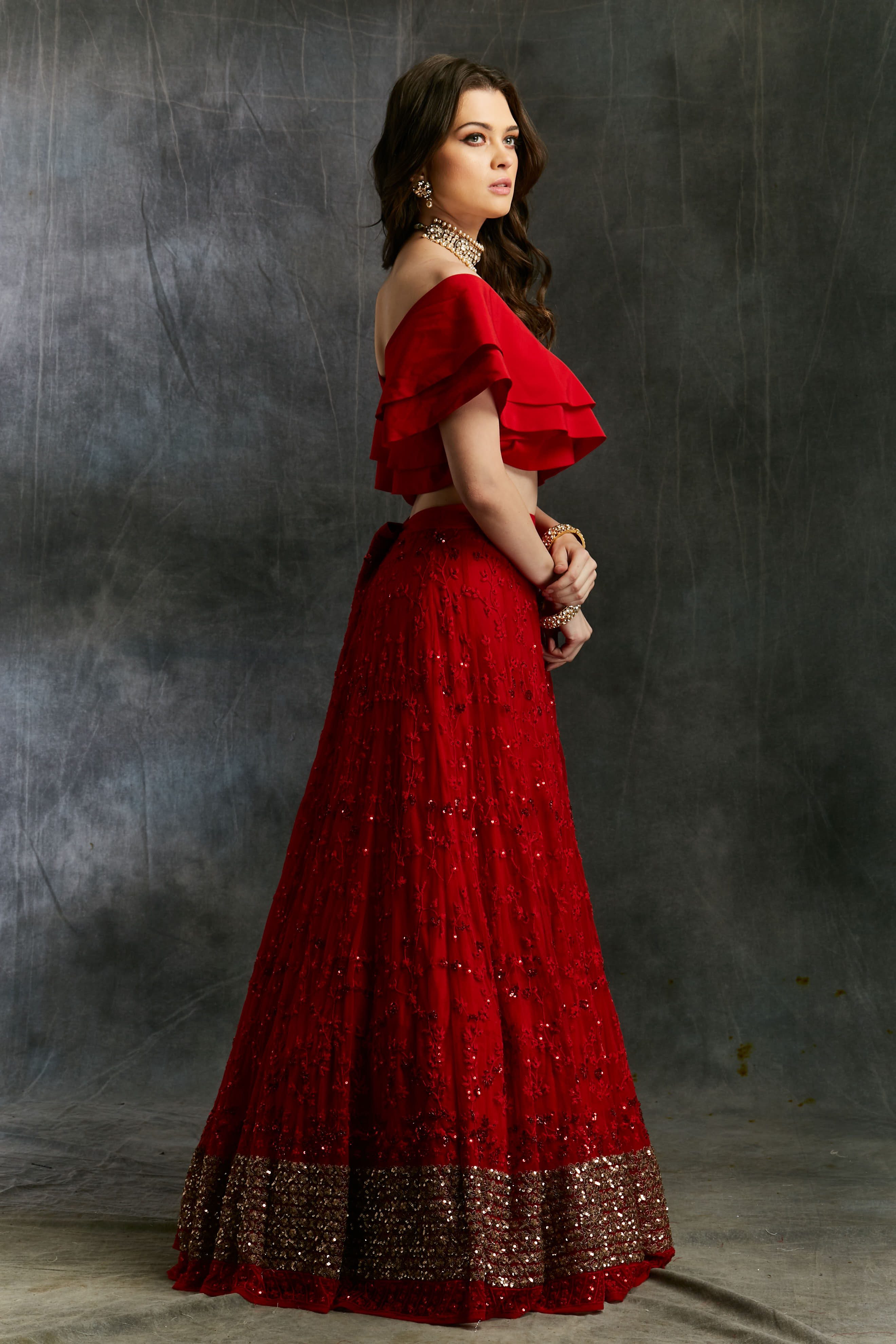 Off Shoulder Crop Top With Red Embroidered Lehenga