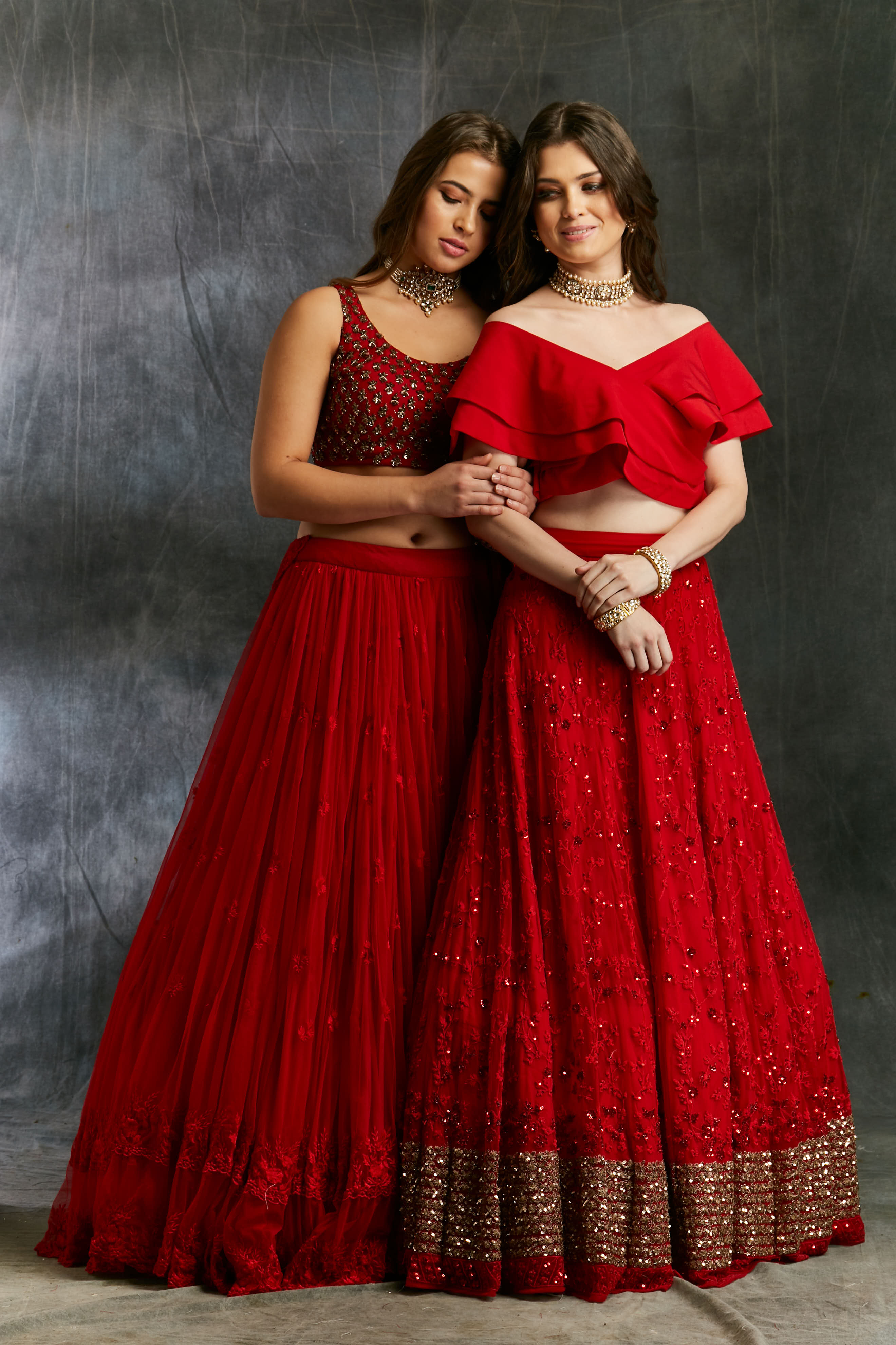 Off Shoulder Crop Top With Red Embroidered Lehenga