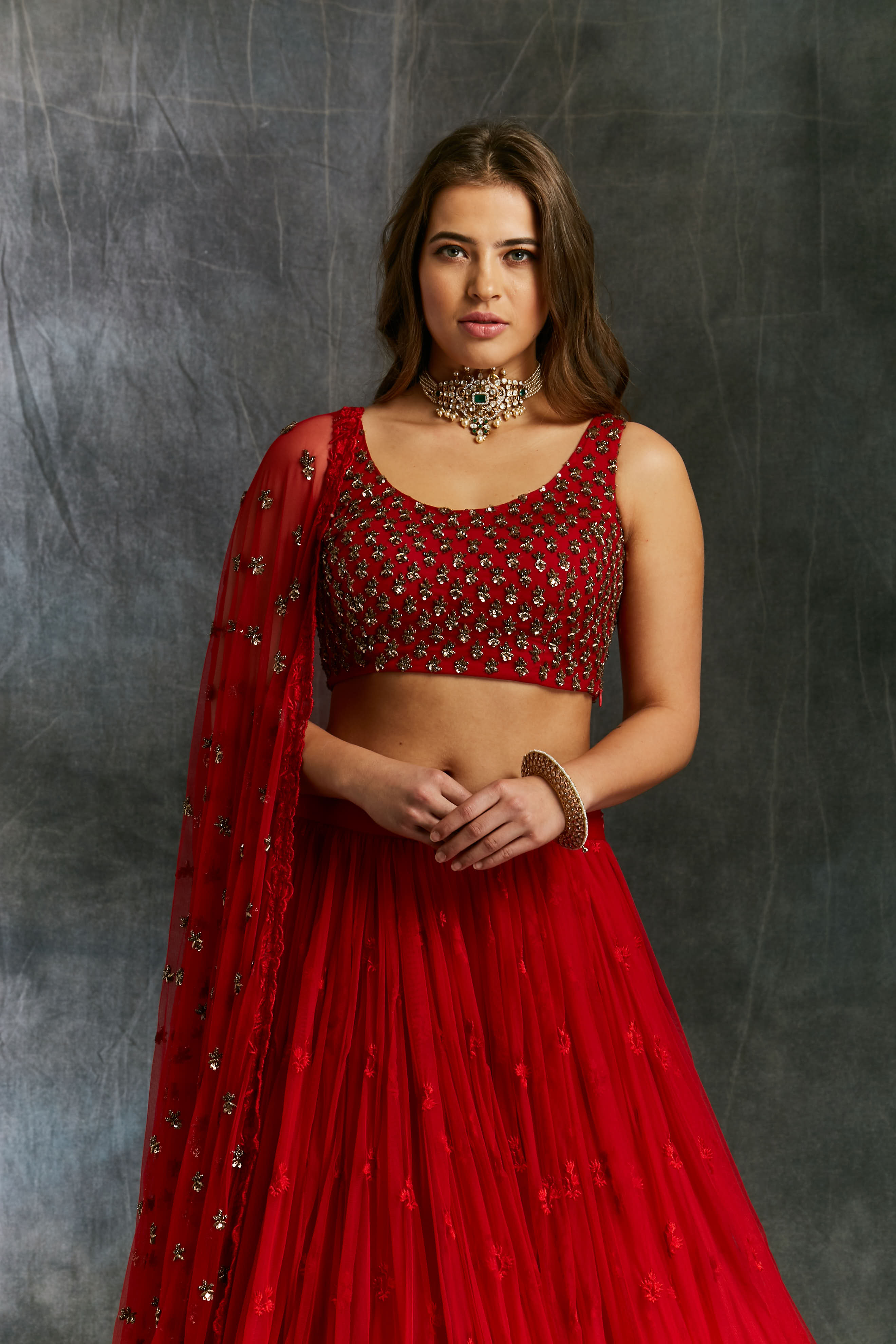 Red Threadwork Lehenga With Embellished Choli