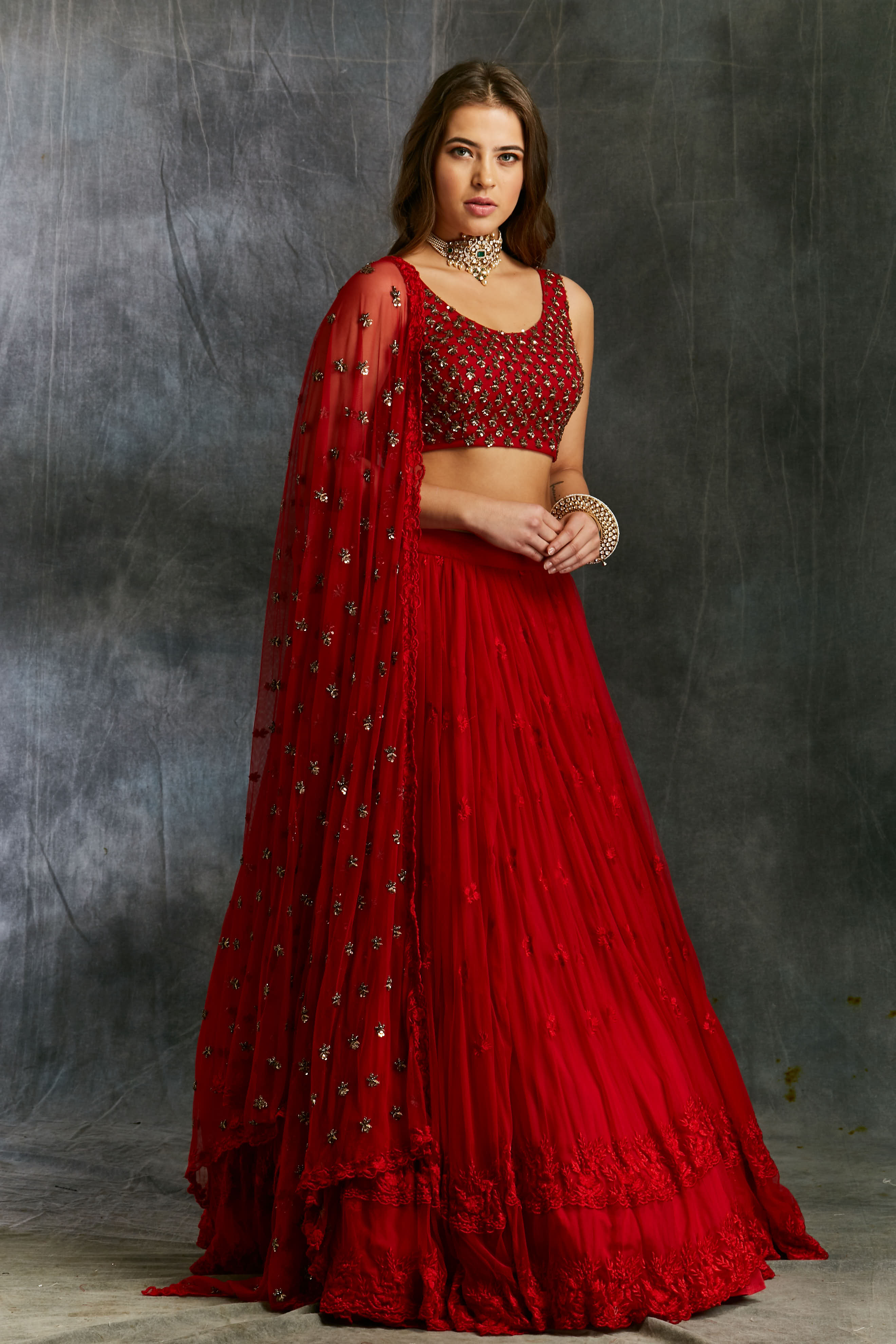 Red Threadwork Lehenga With Embellished Choli