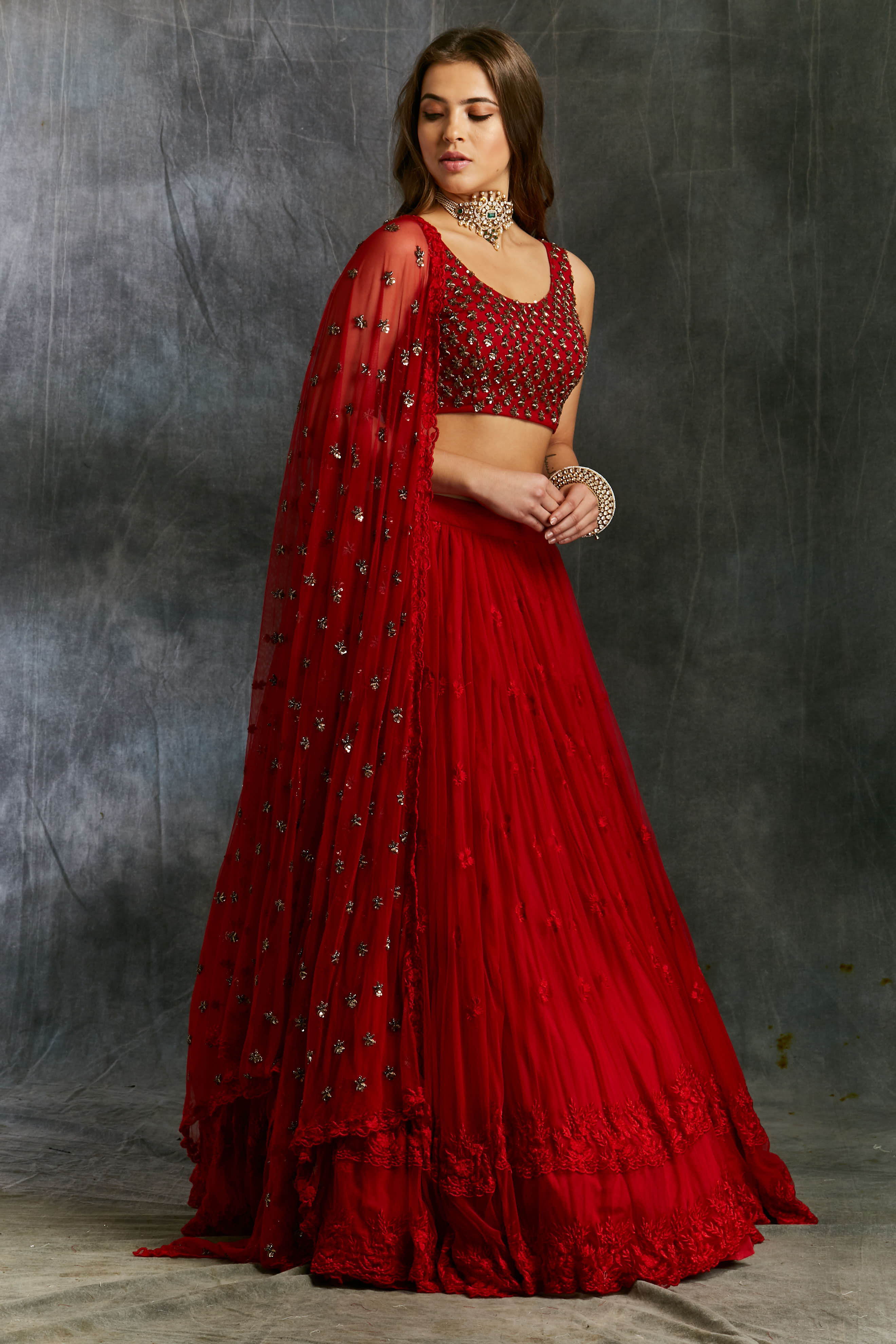 Red Threadwork Lehenga With Embellished Choli