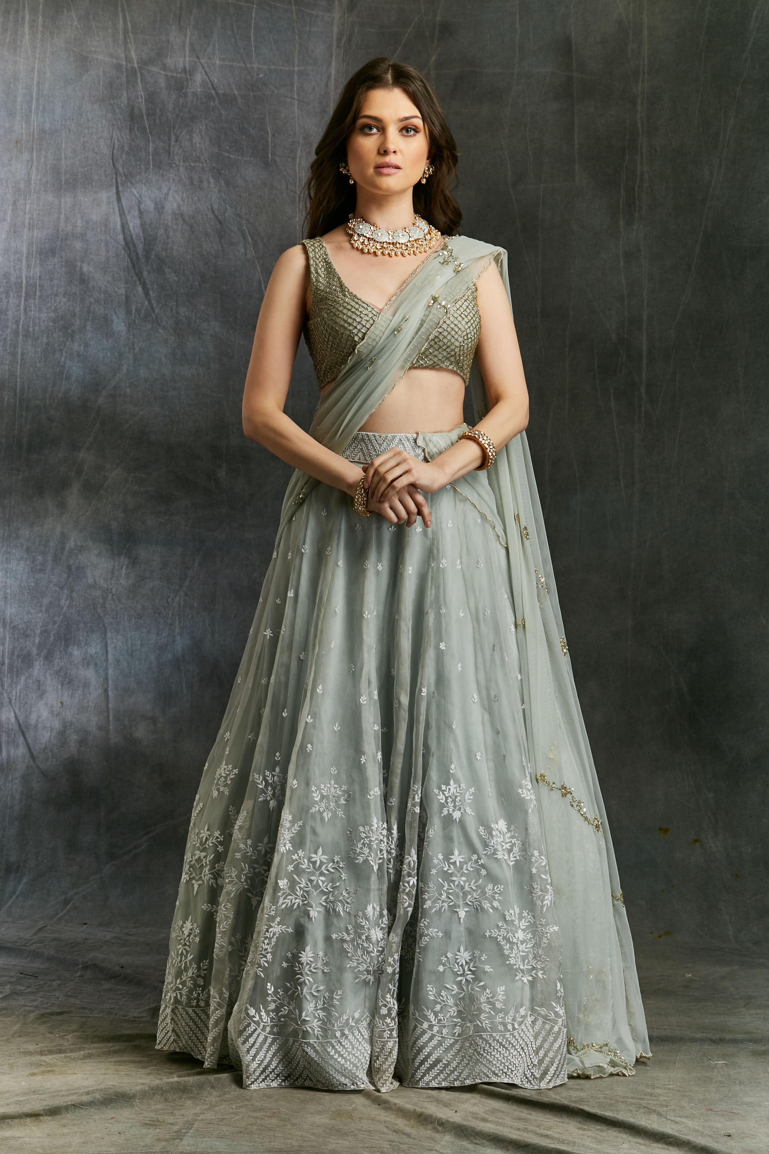 Sky Blue Organza Lehenga With White Threadwork
