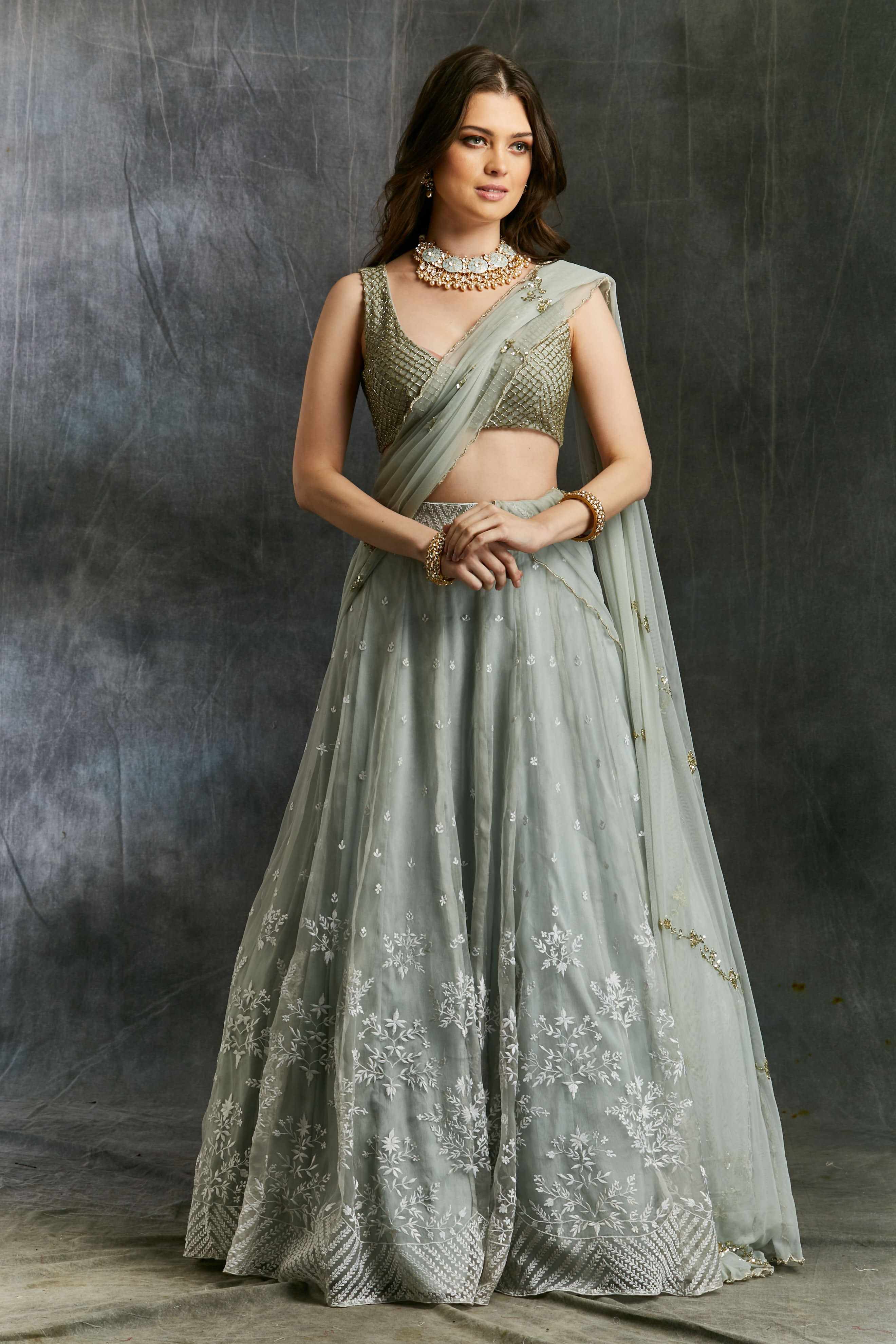 Sky Blue Organza Lehenga With White Threadwork