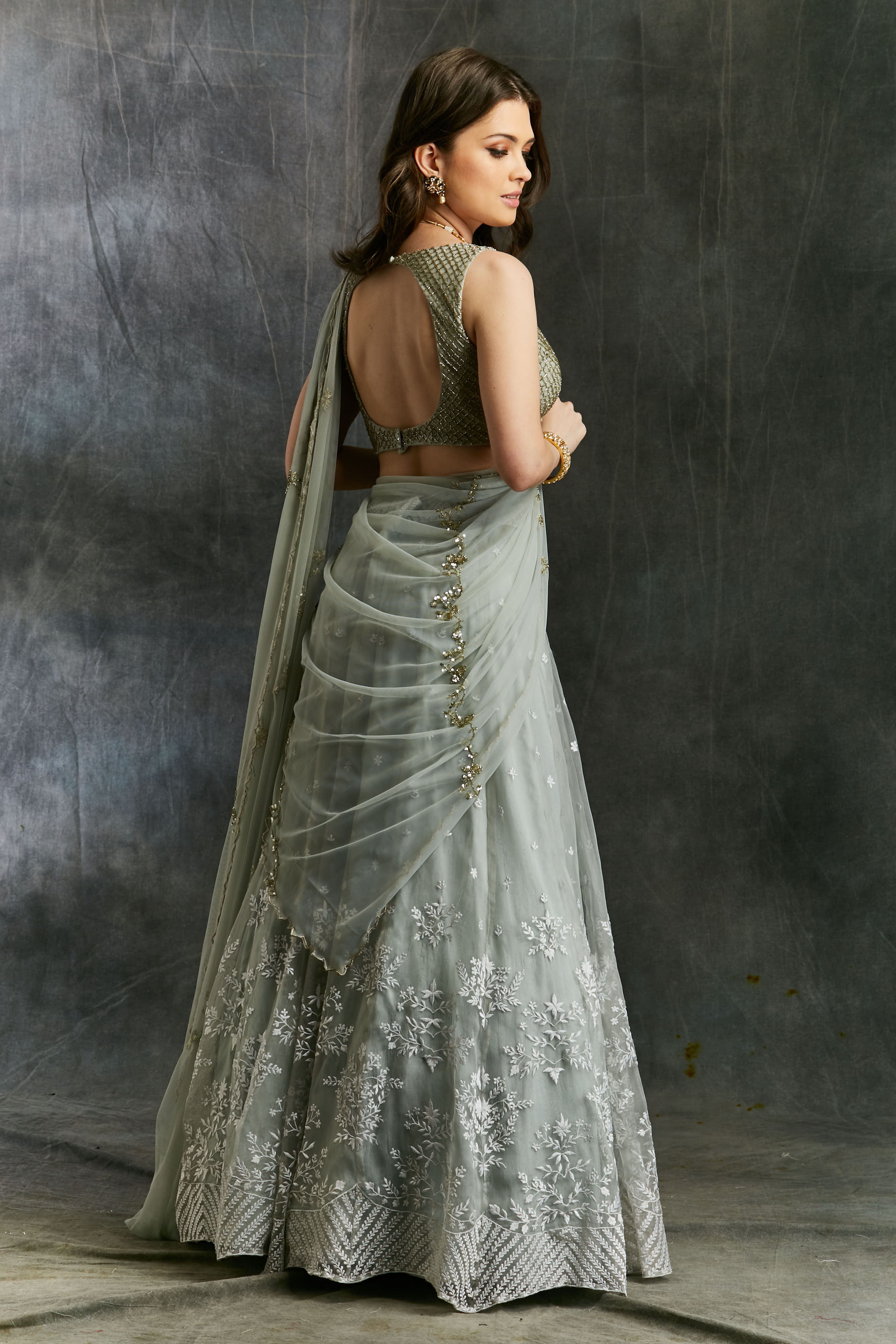 Sky Blue Organza Lehenga With White Threadwork