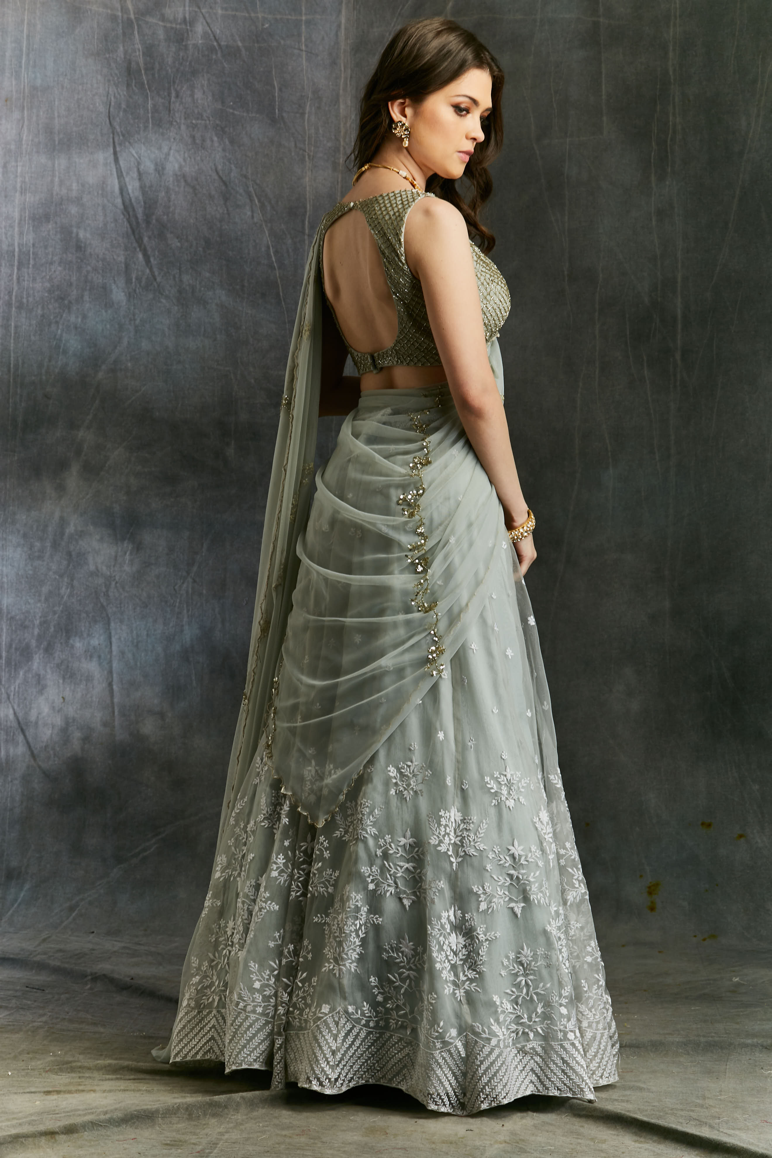 Sky Blue Organza Lehenga With White Threadwork