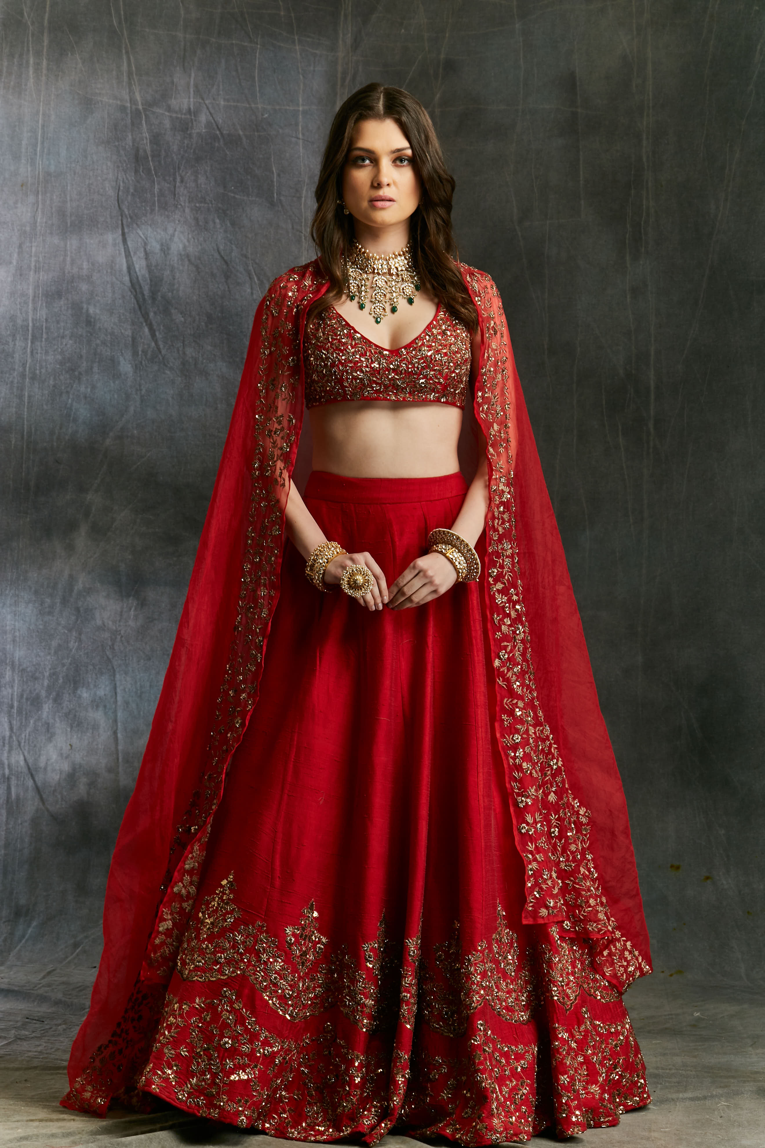 Red Raw Silk Lehenga Set With Gold Border
