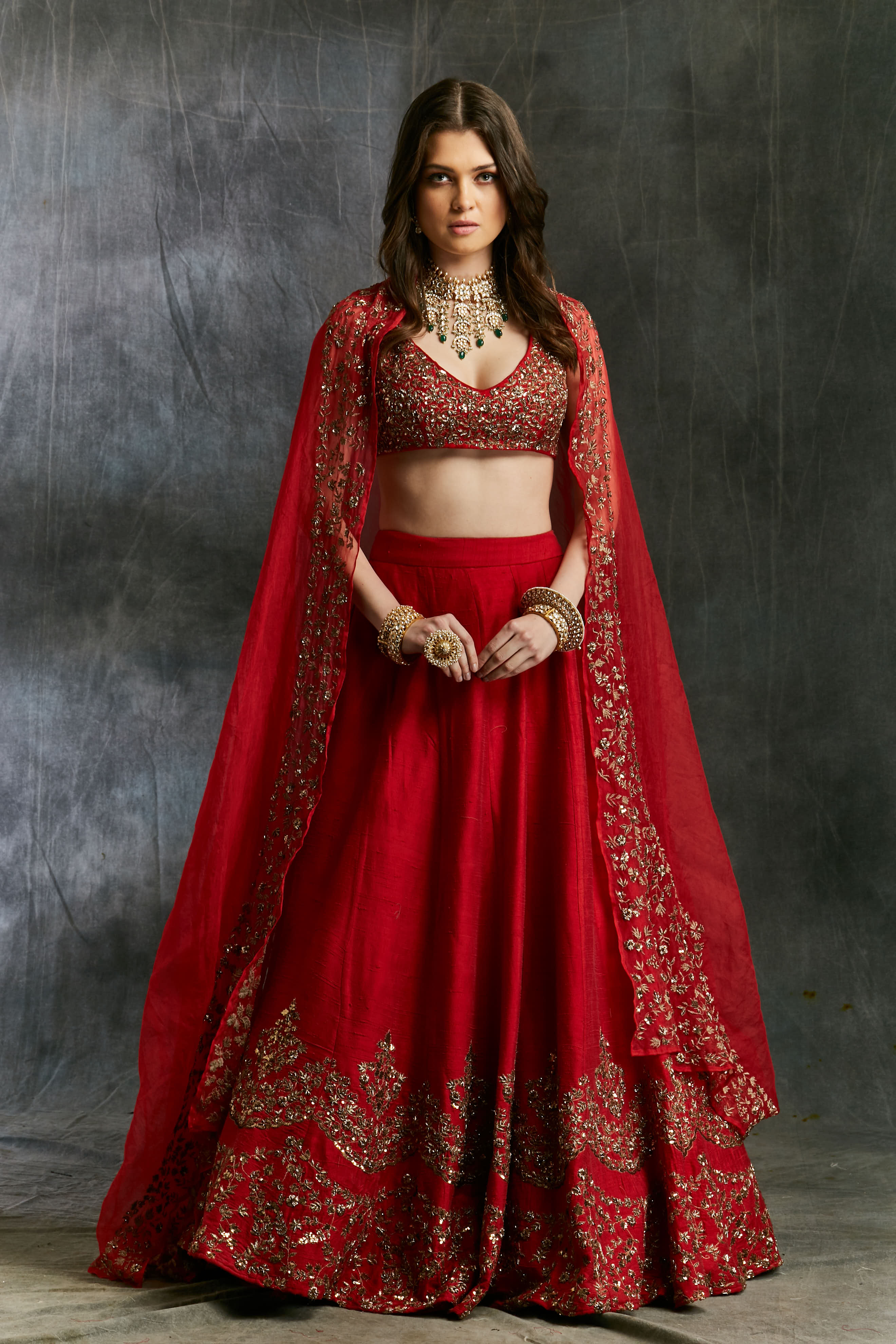 Red Raw Silk Lehenga Set With Gold Border