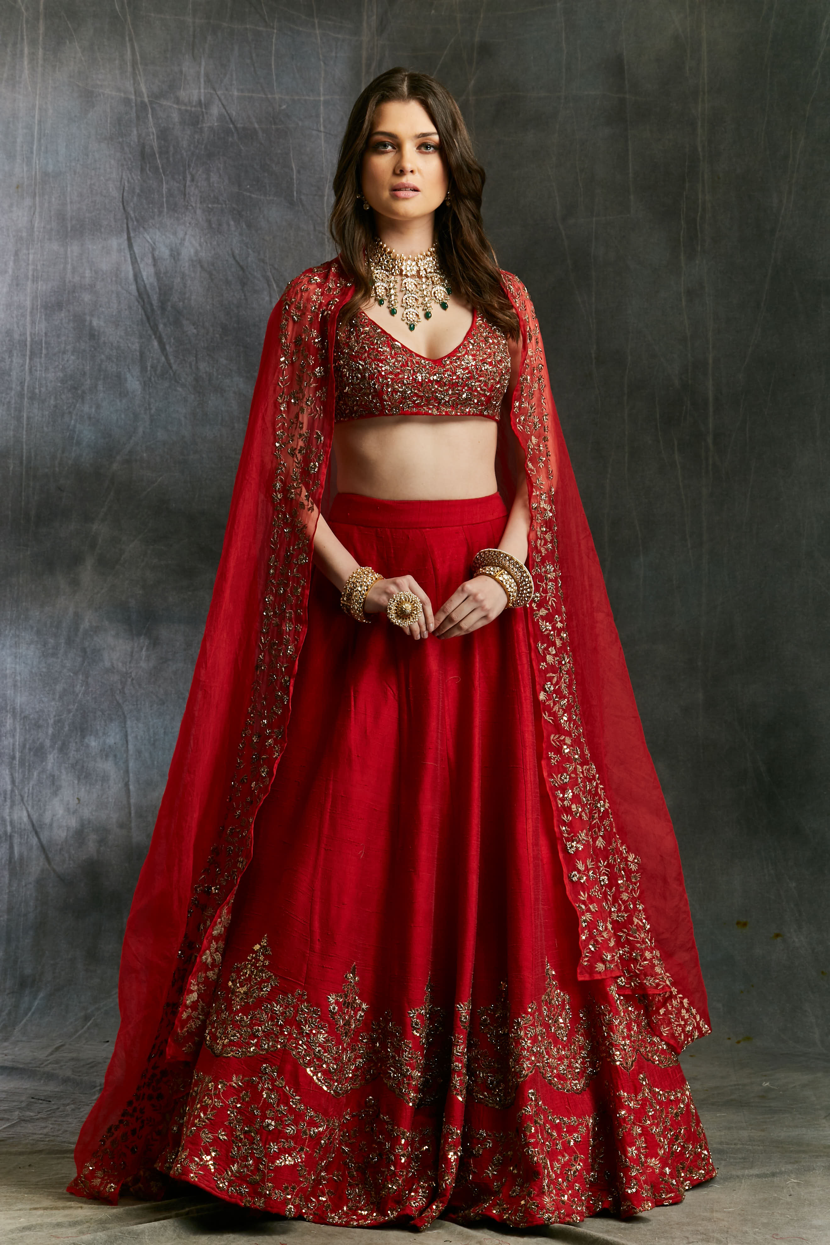 Red Raw Silk Lehenga Set With Gold Border