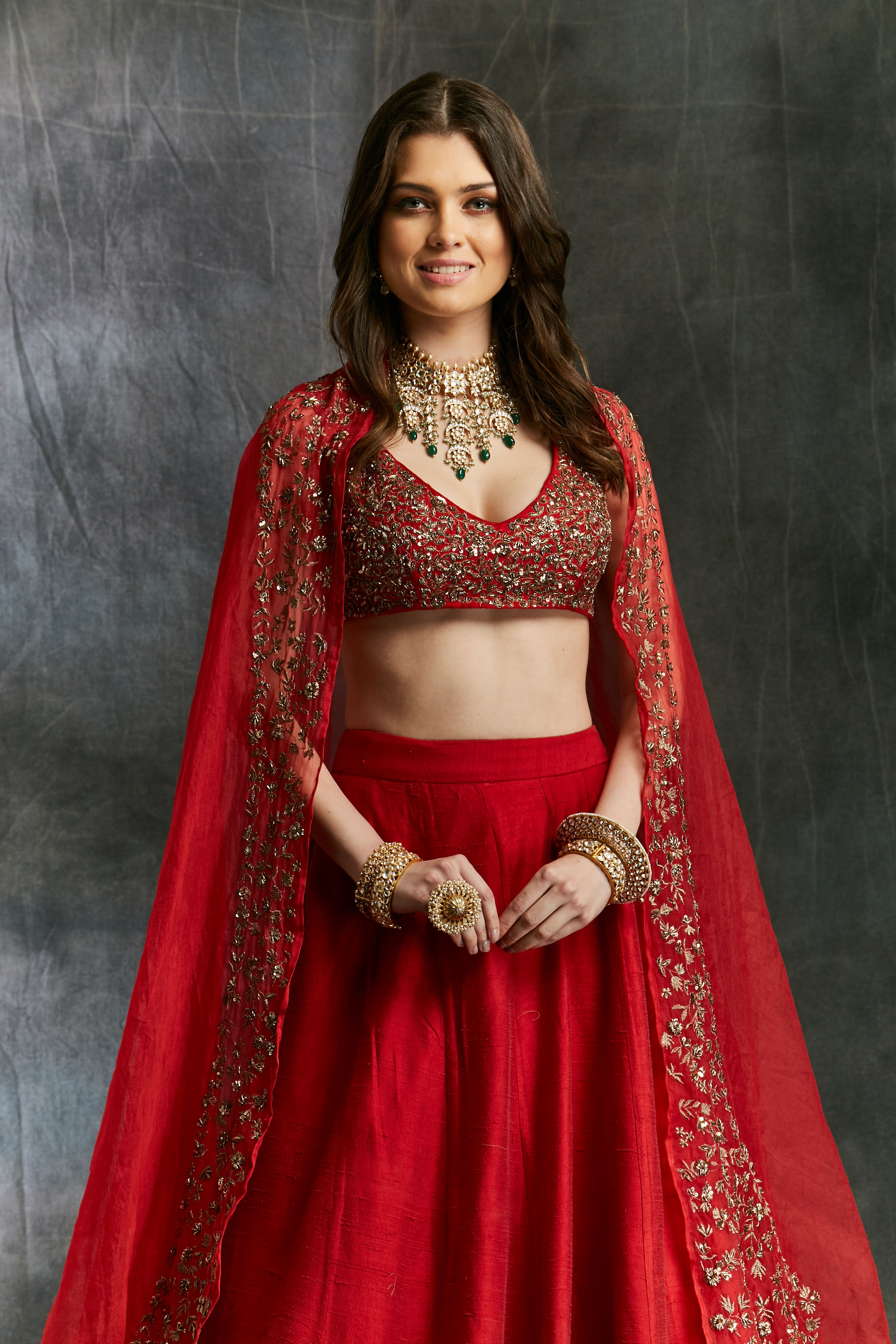 Red Raw Silk Lehenga Set With Gold Border