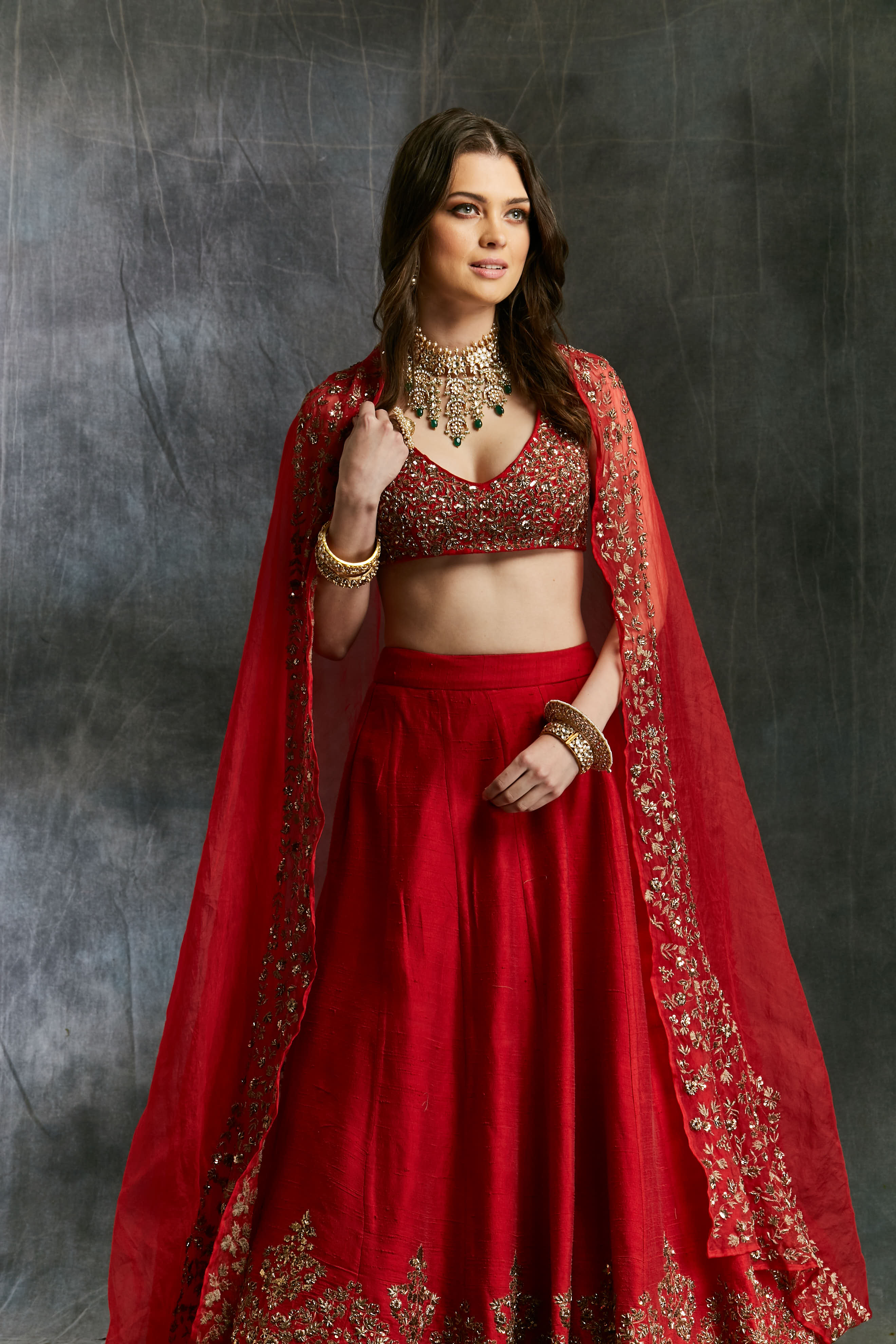 Red Raw Silk Lehenga Set With Gold Border
