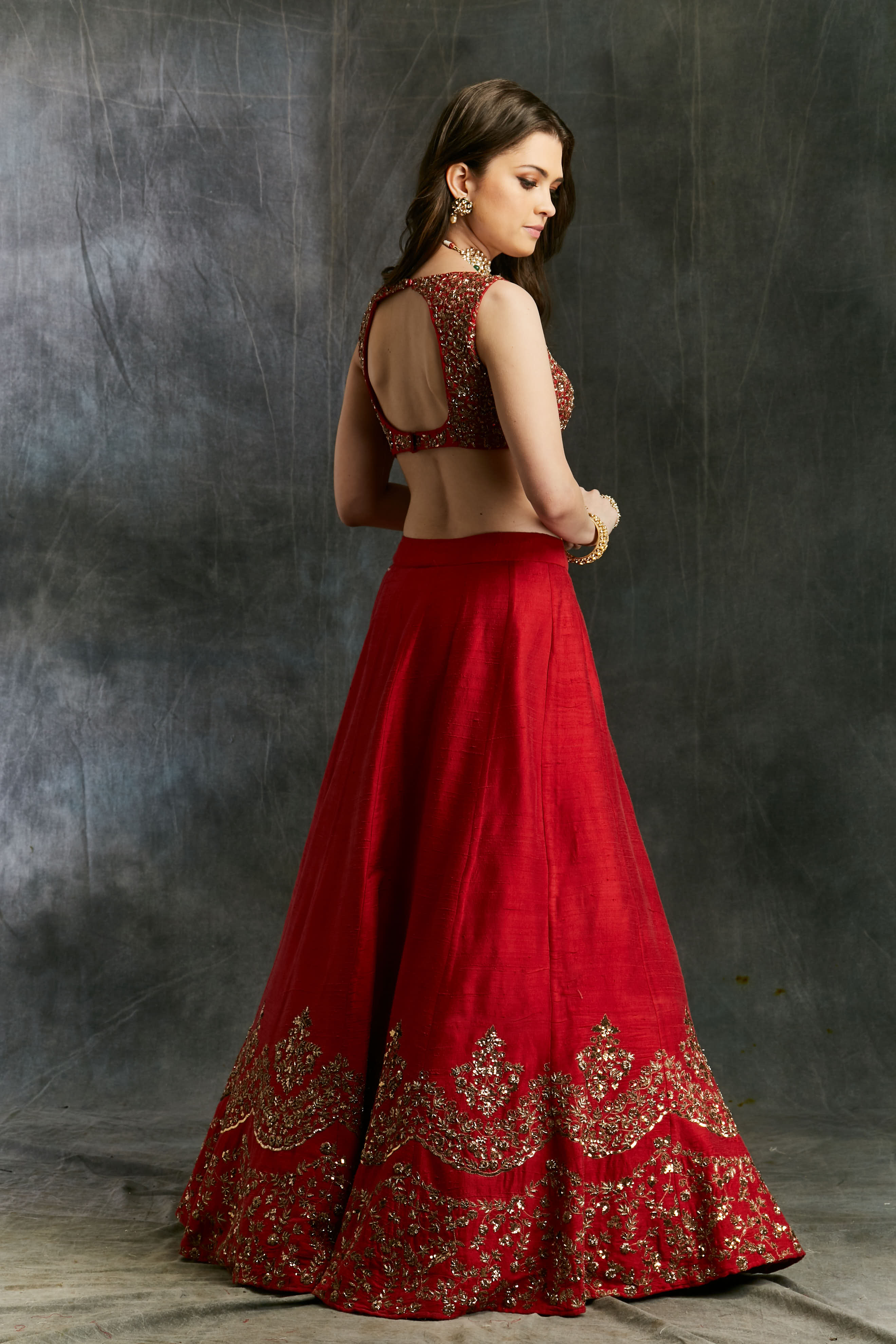 Red Raw Silk Lehenga Set With Gold Border
