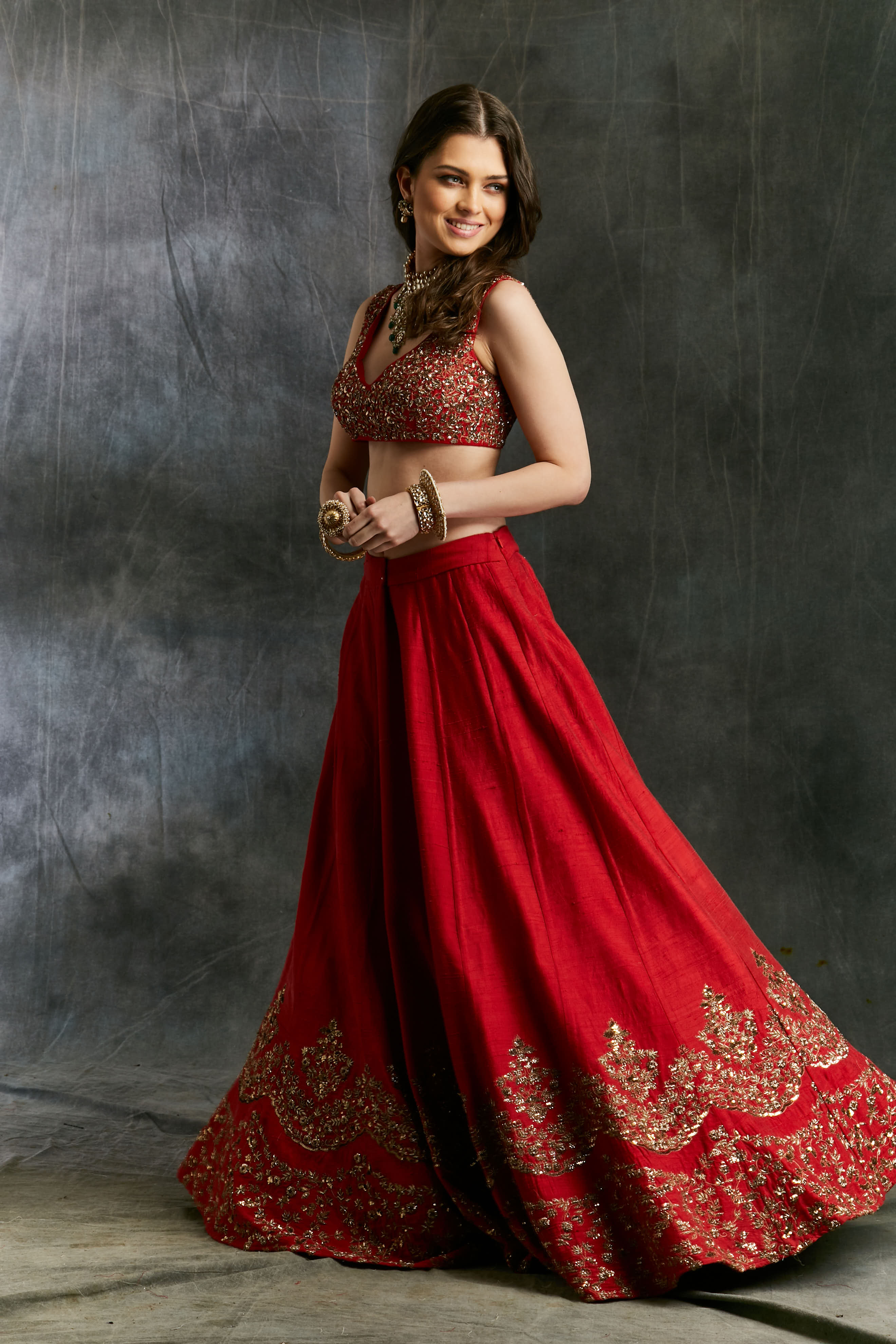 Red Raw Silk Lehenga Set With Gold Border