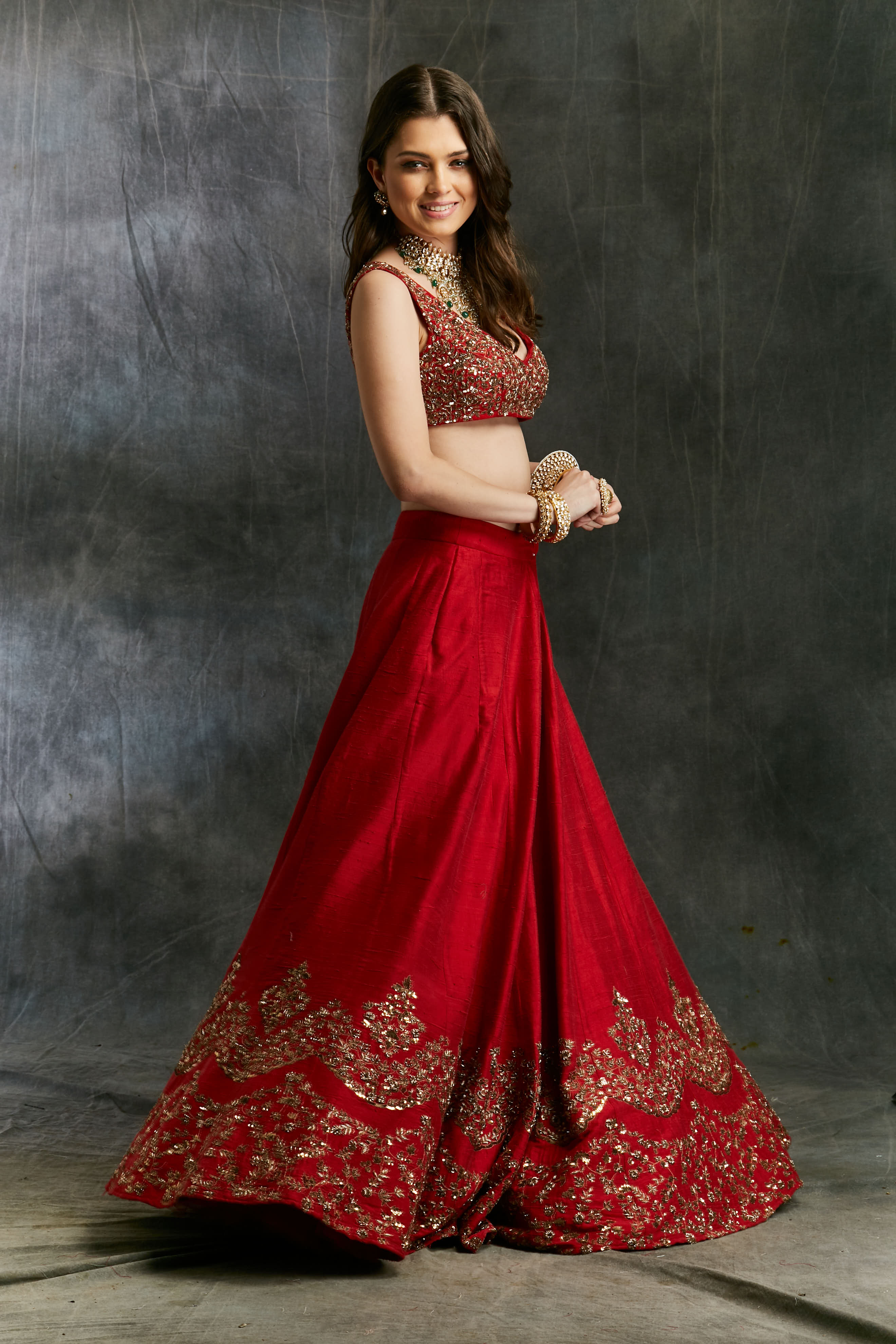 Red Raw Silk Lehenga Set With Gold Border