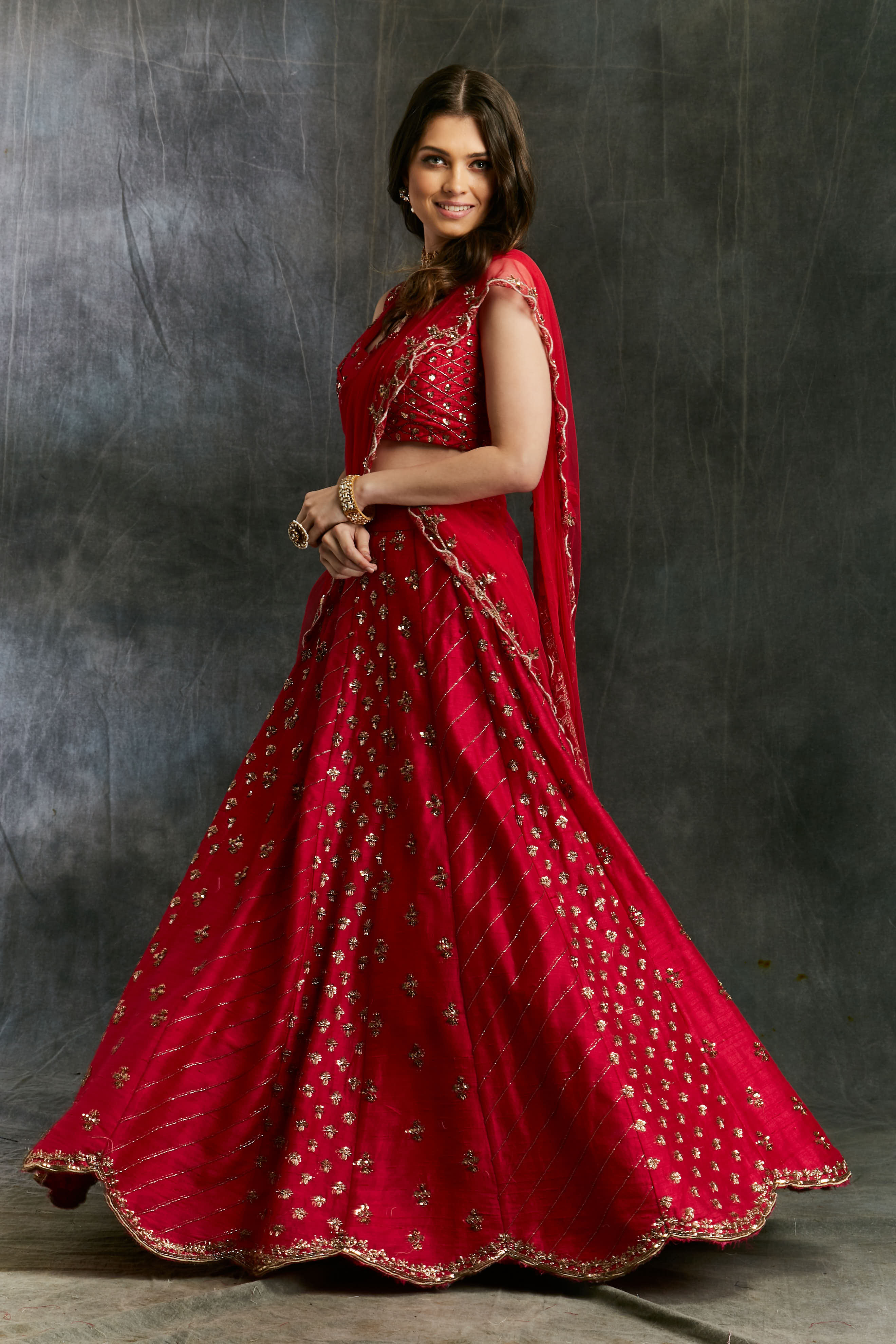 Dark Pink Raw Silk Booti Lehenga Set