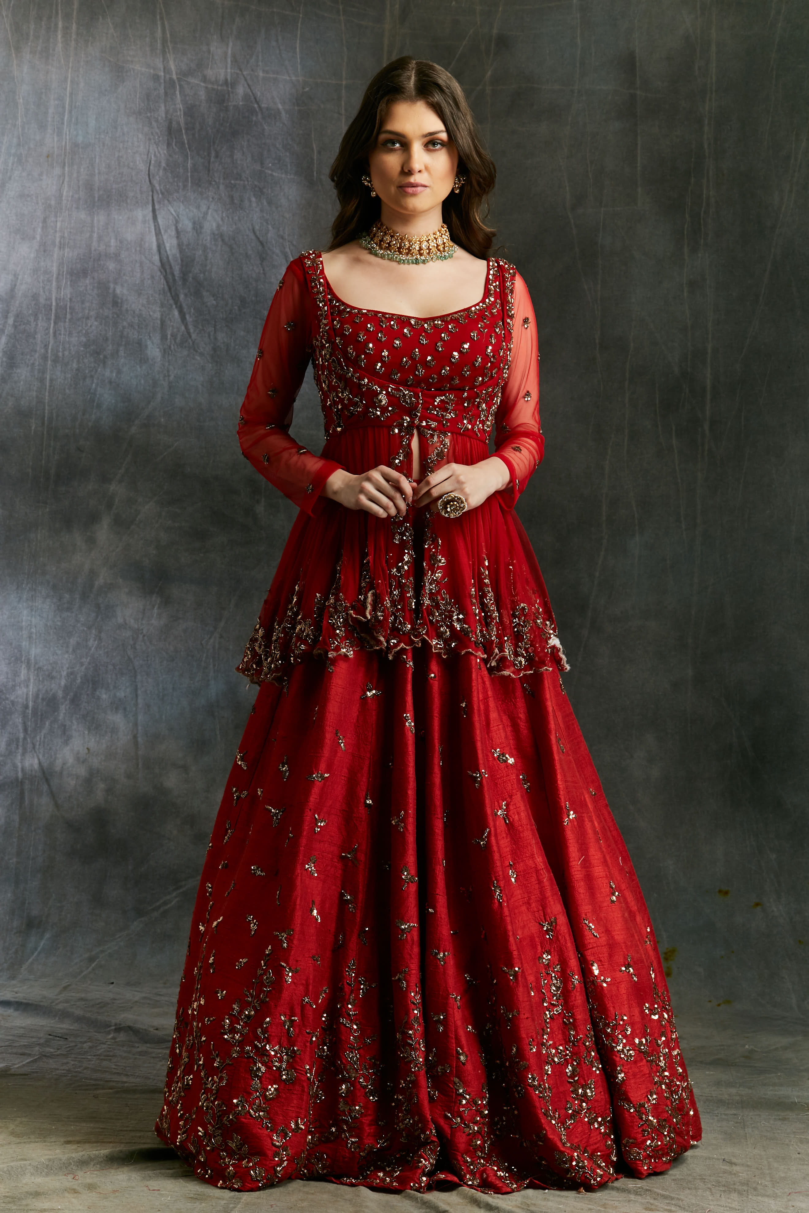 Antique Gold Sequins Raw Silk Lehenga With Peplum Work Blouse